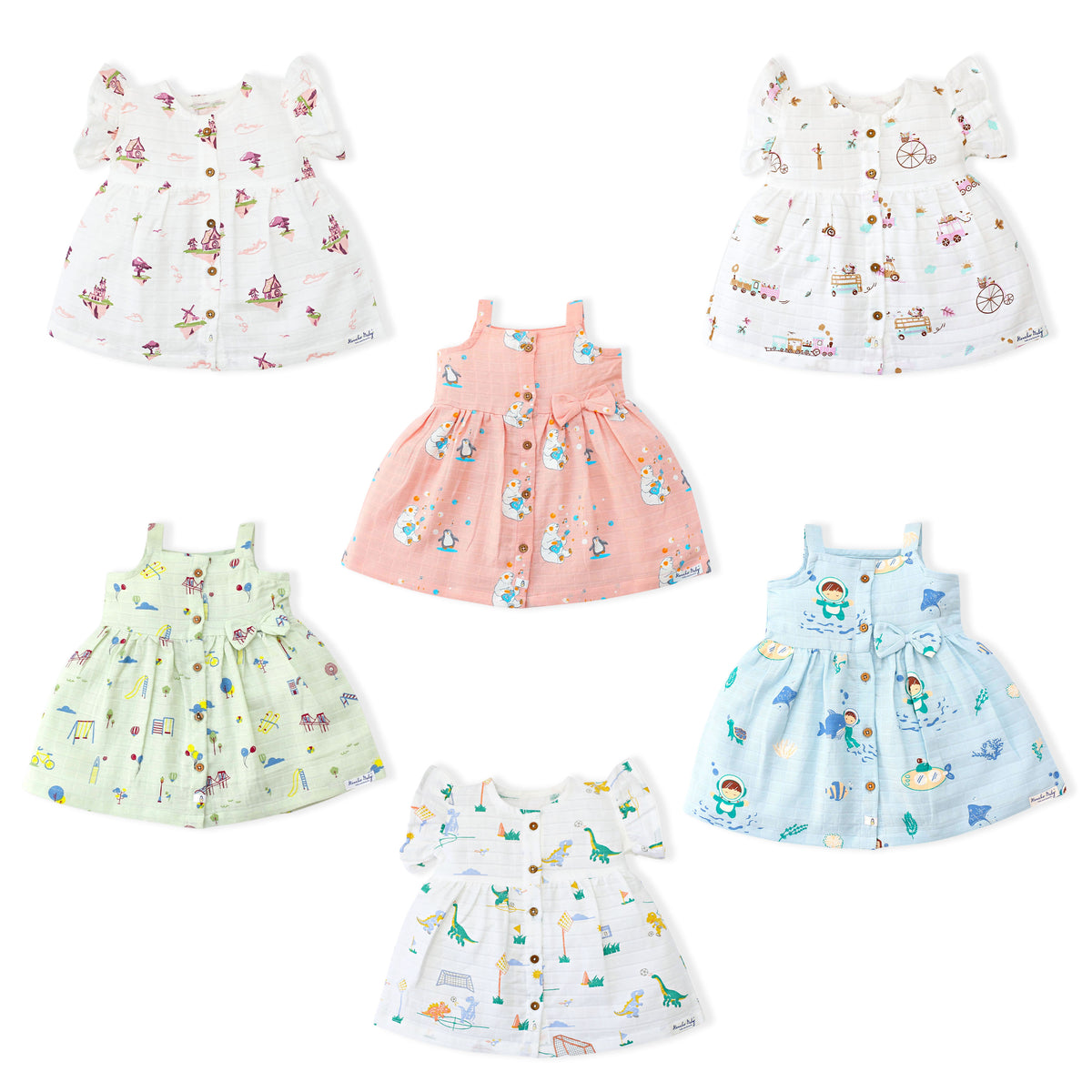 Sleeveless Frock and Frill Sleeve Muslin Cotton Girls Frock Combo Pack of 6 (3-4 Years)