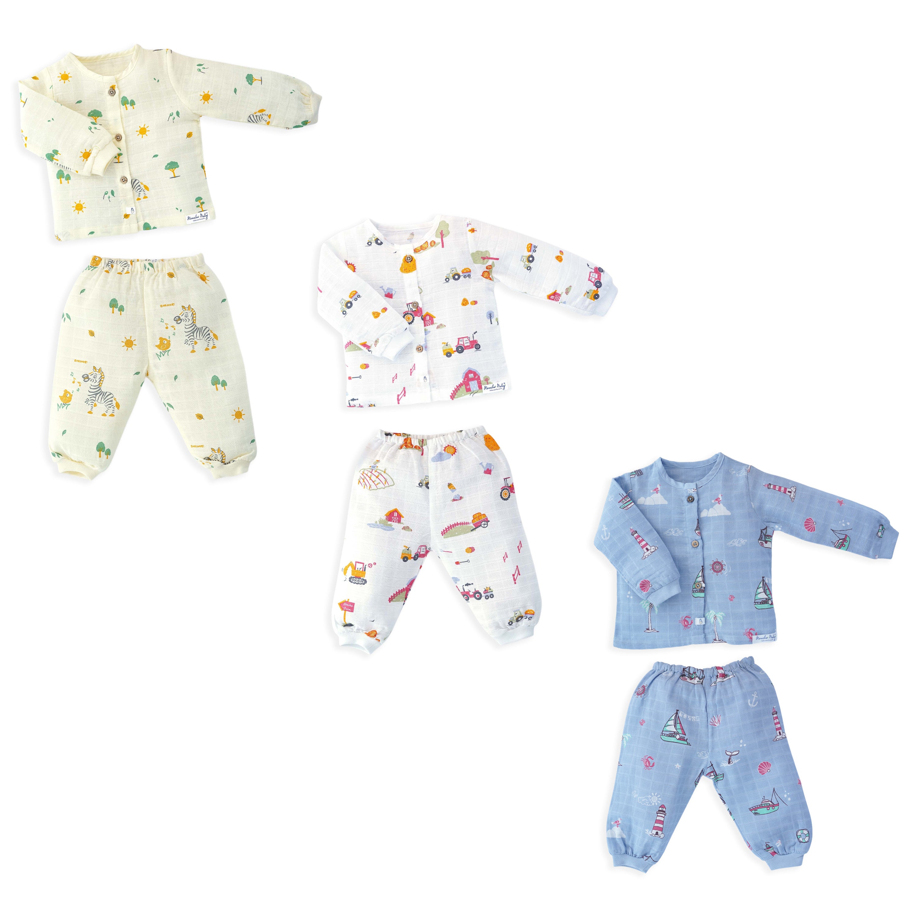 Muslin Cotton Full Sleeve Top & Pant Set for Baby & Toddler Pack of 3 (0–5 Years) - Tiny Wanderers Combo