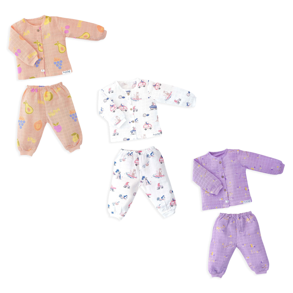 Muslin Cotton Full Sleeve Top & Pant Set for Baby & Toddler Pack of 3 (0–5 Years) - Bunny, Beach & Berries Combo