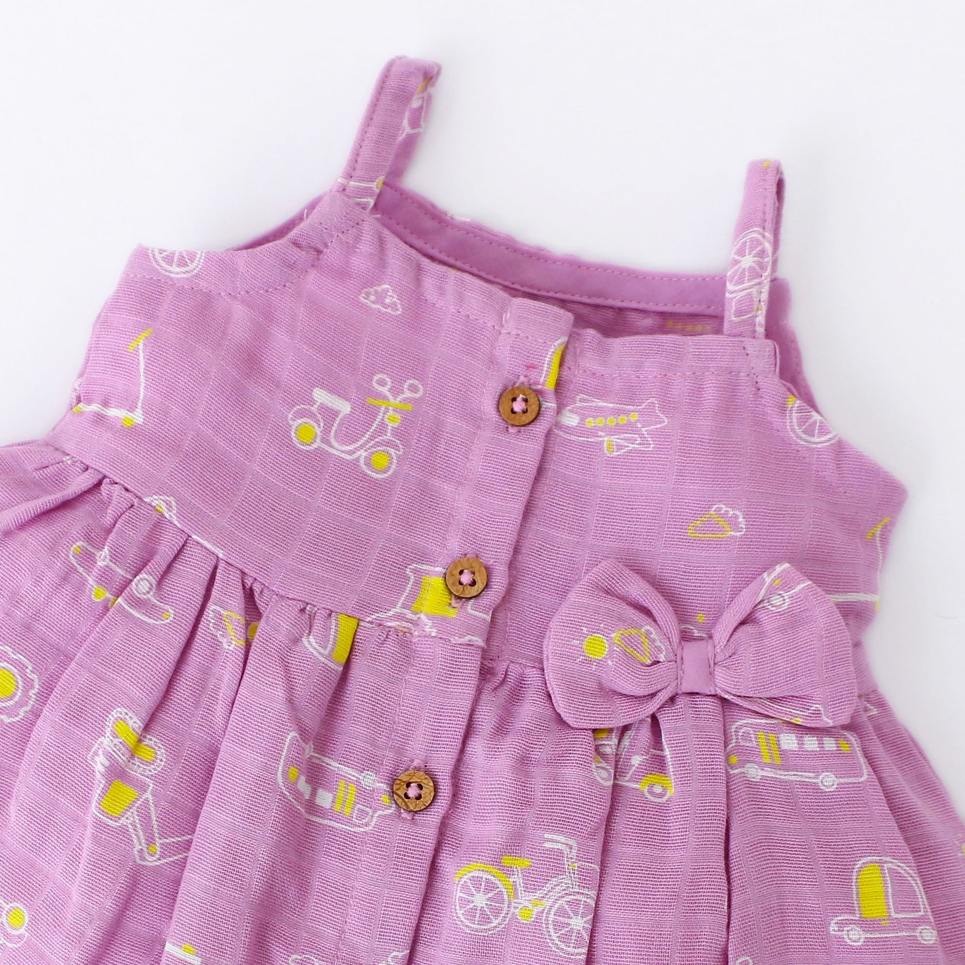 Busy Little Wheels - Sleeveless Muslin Cotton Frock with Bow (0m to 4years)