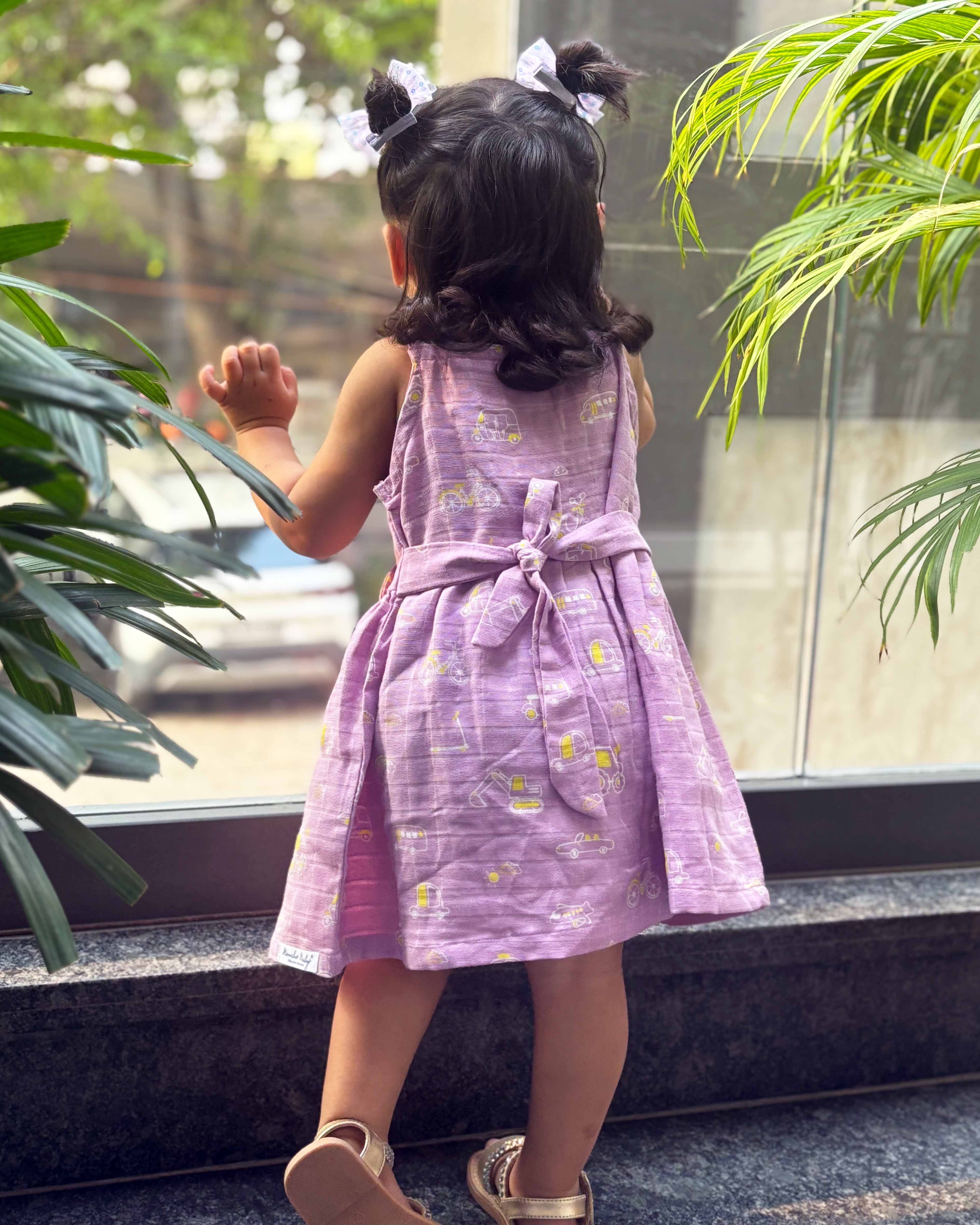 Busy Little Wheels - Sleeveless Muslin Cotton Frock with Bow (0m to 4years)