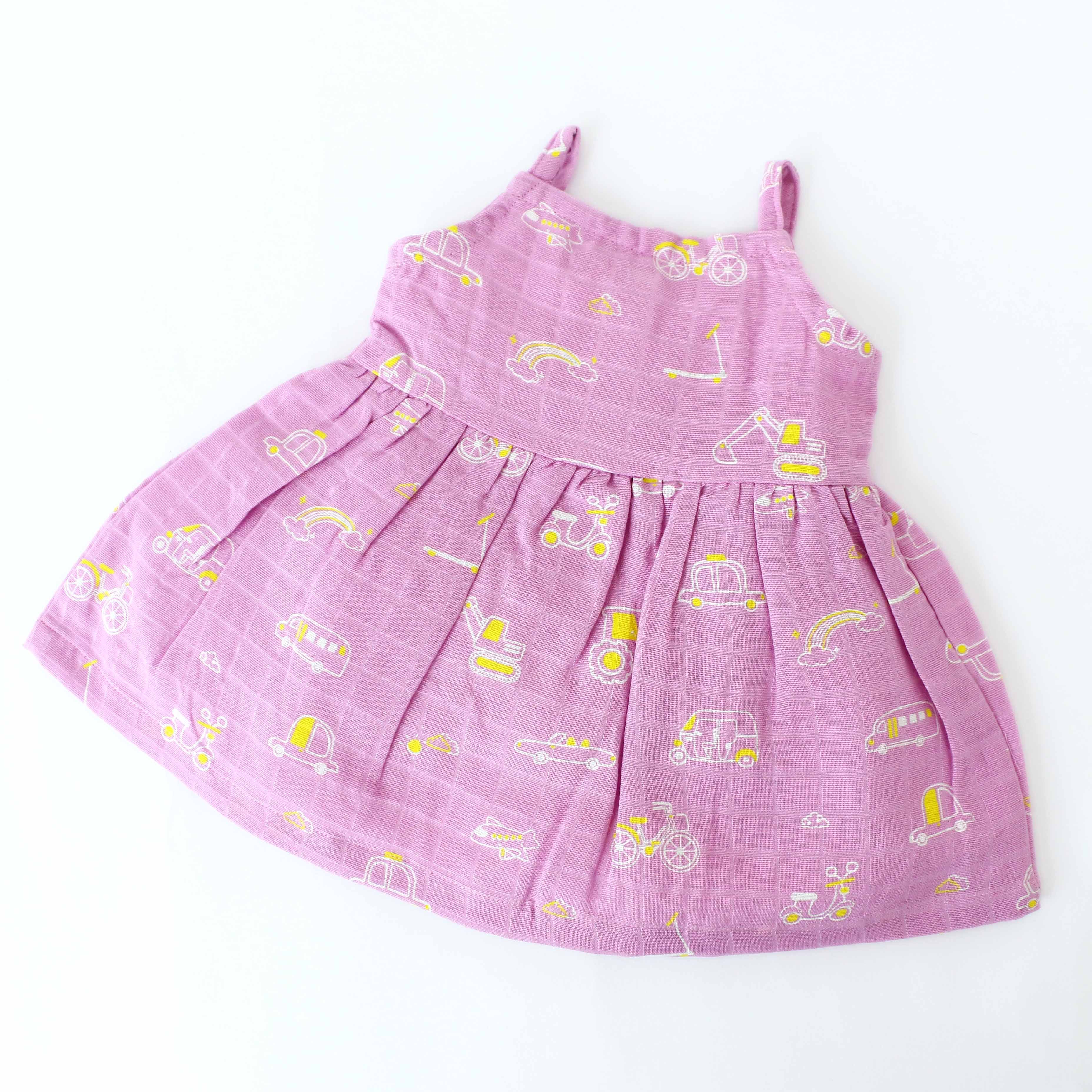 Busy Little Wheels - Sleeveless Muslin Cotton Frock with Bow (0m to 4years)