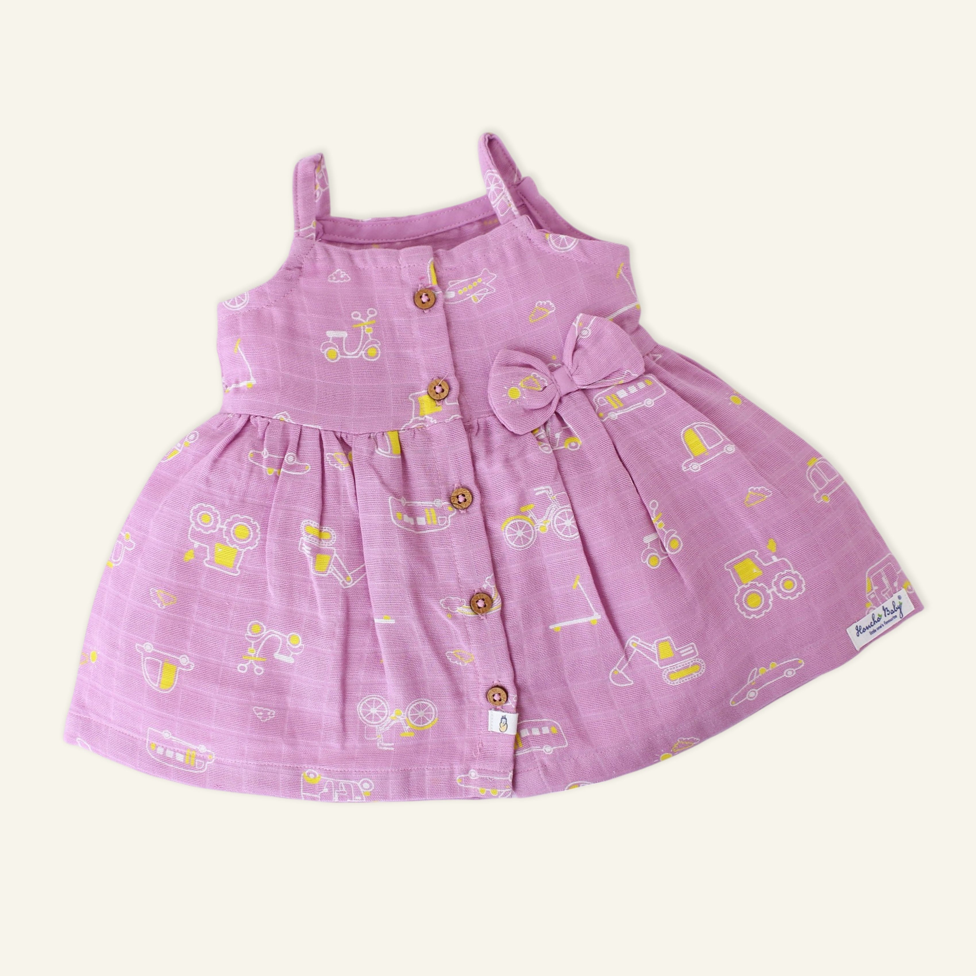 Busy Little Wheels - Sleeveless Muslin Cotton Frock with Bow (0m to 4years)