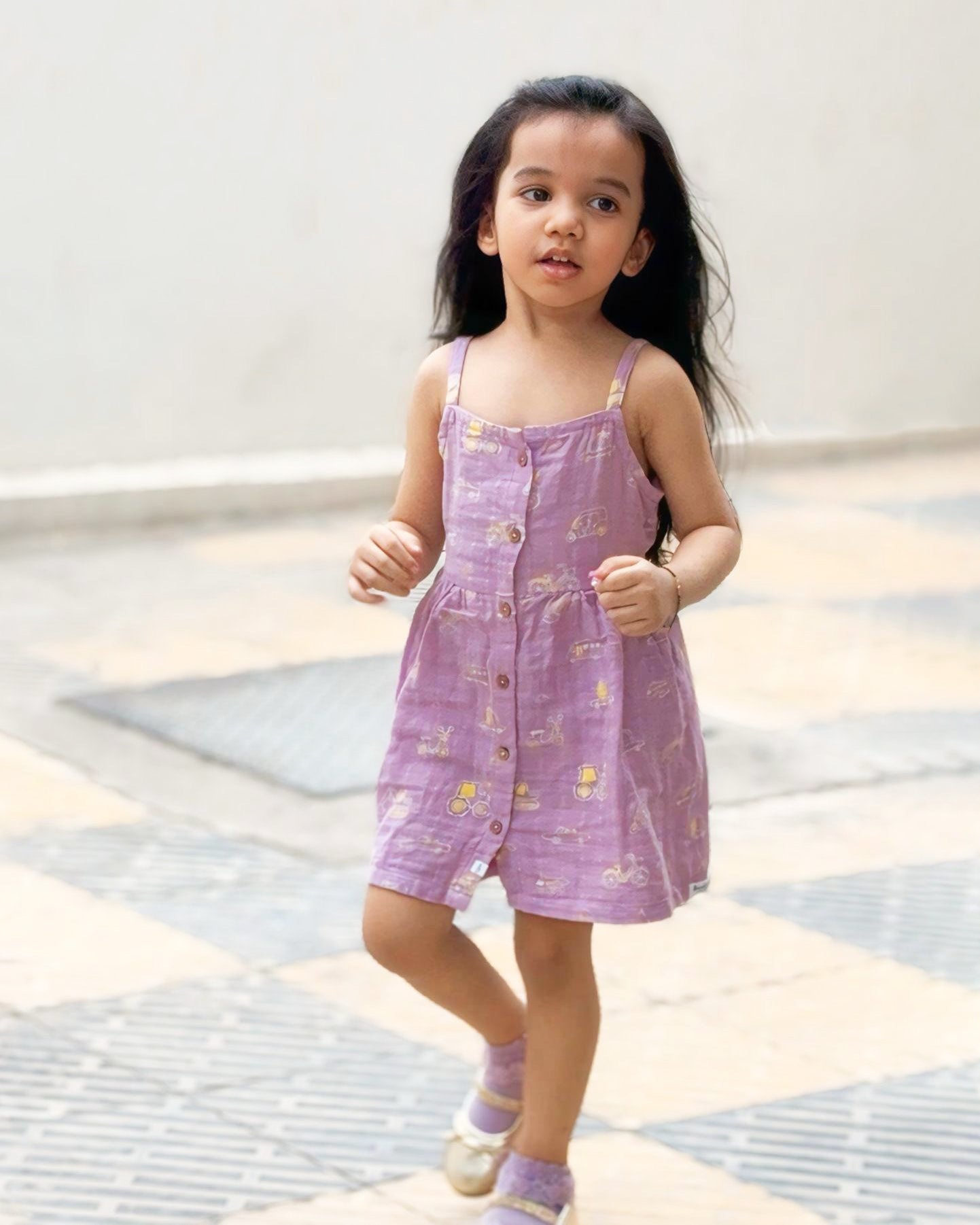 Busy Little Wheels - Sleeveless Muslin Cotton Frock with Bow (0m to 4years)