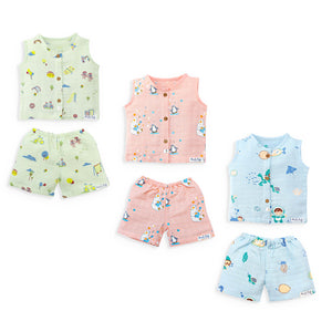 Muslin Cotton Sleeveless Top & Shorts for Babies & Toddlers Pack of 3 (Newborn–5 Years) - Little Colors Combo