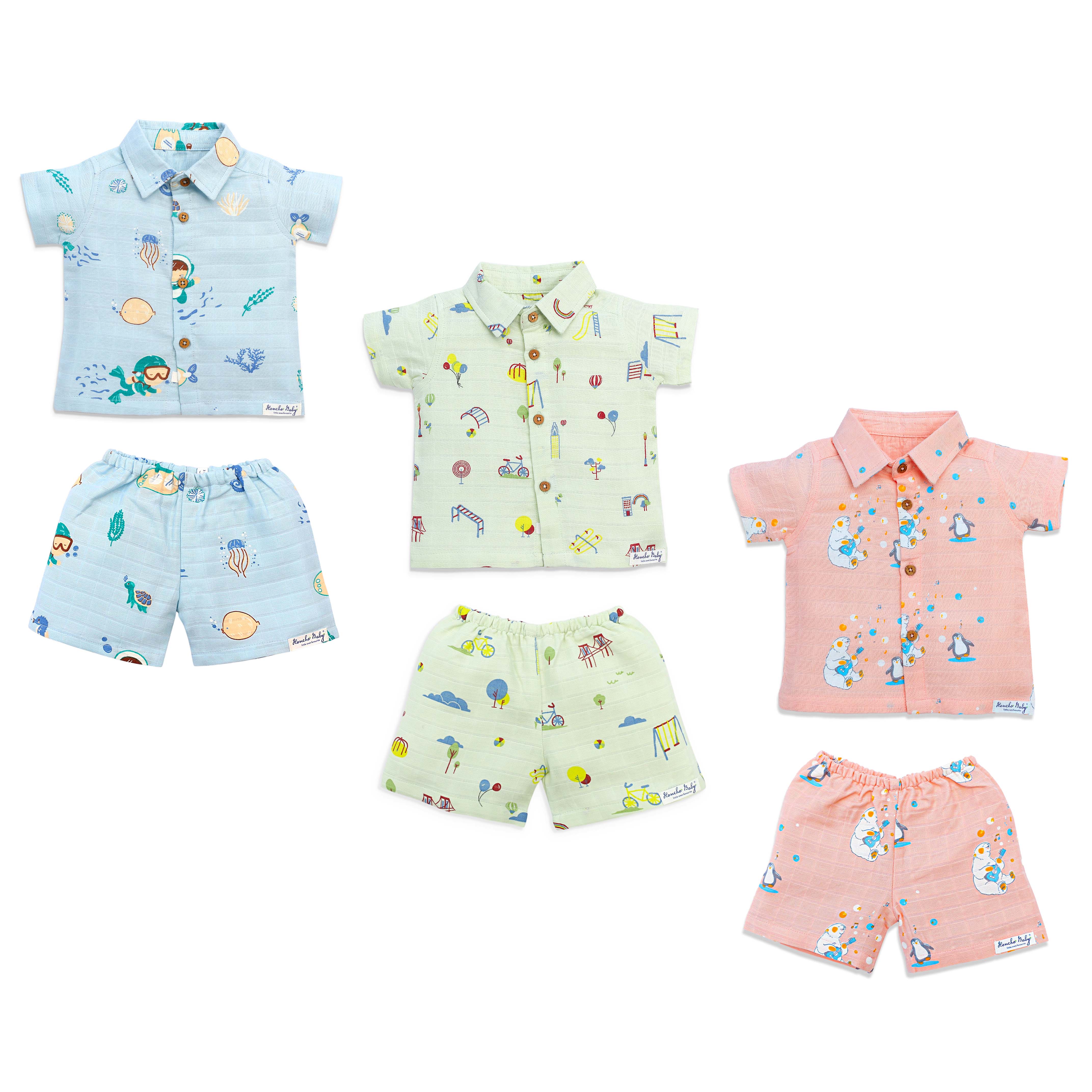 Muslin Half Sleeve Top & Shorts Set (0M – 5Y) Pack of 3 - Little Colors Combo