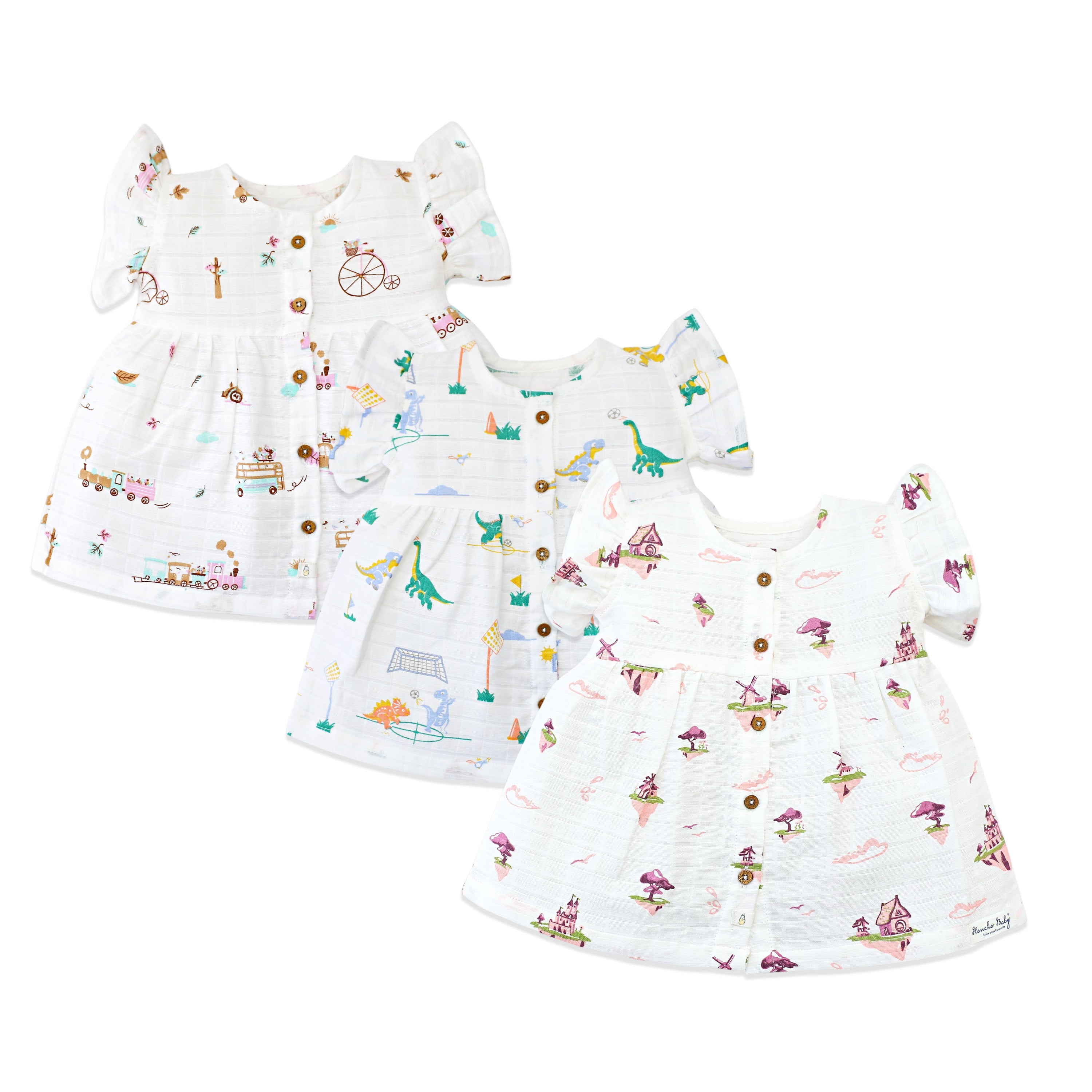 Frill Sleeve Muslin Cotton Girls Frock Pack of 3 (0 months to 5 years) - Little Magic Tales