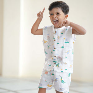 Muslin Cotton Sleeveless Top & Shorts for Babies & Toddlers (Newborn–5 Years) - Dino & Foot ball