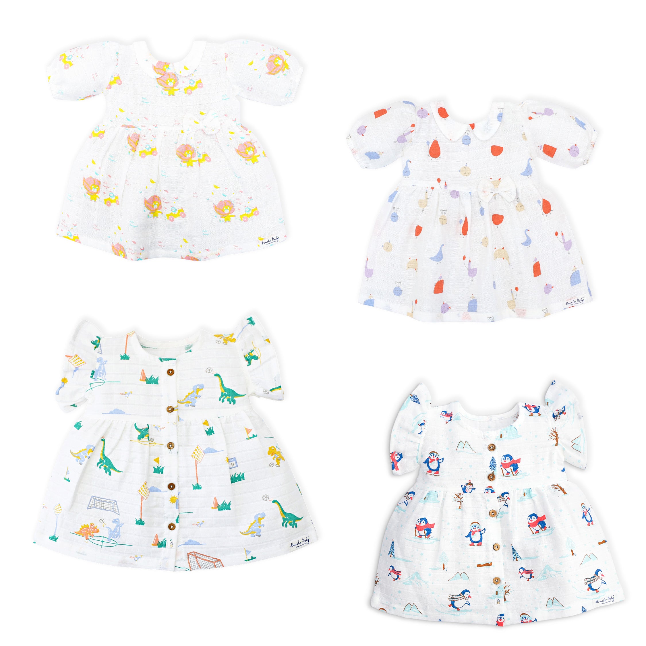 Half Sleeve and Frill Sleeve Muslin Cotton Girls Frock Combo Pack of 4 (0 Months to 5 Years)