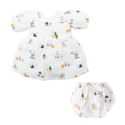 Farmyard Tales - Half Sleeve Puff Muslin Cotton Frock with Bloomers (0m to 5 years) NEW