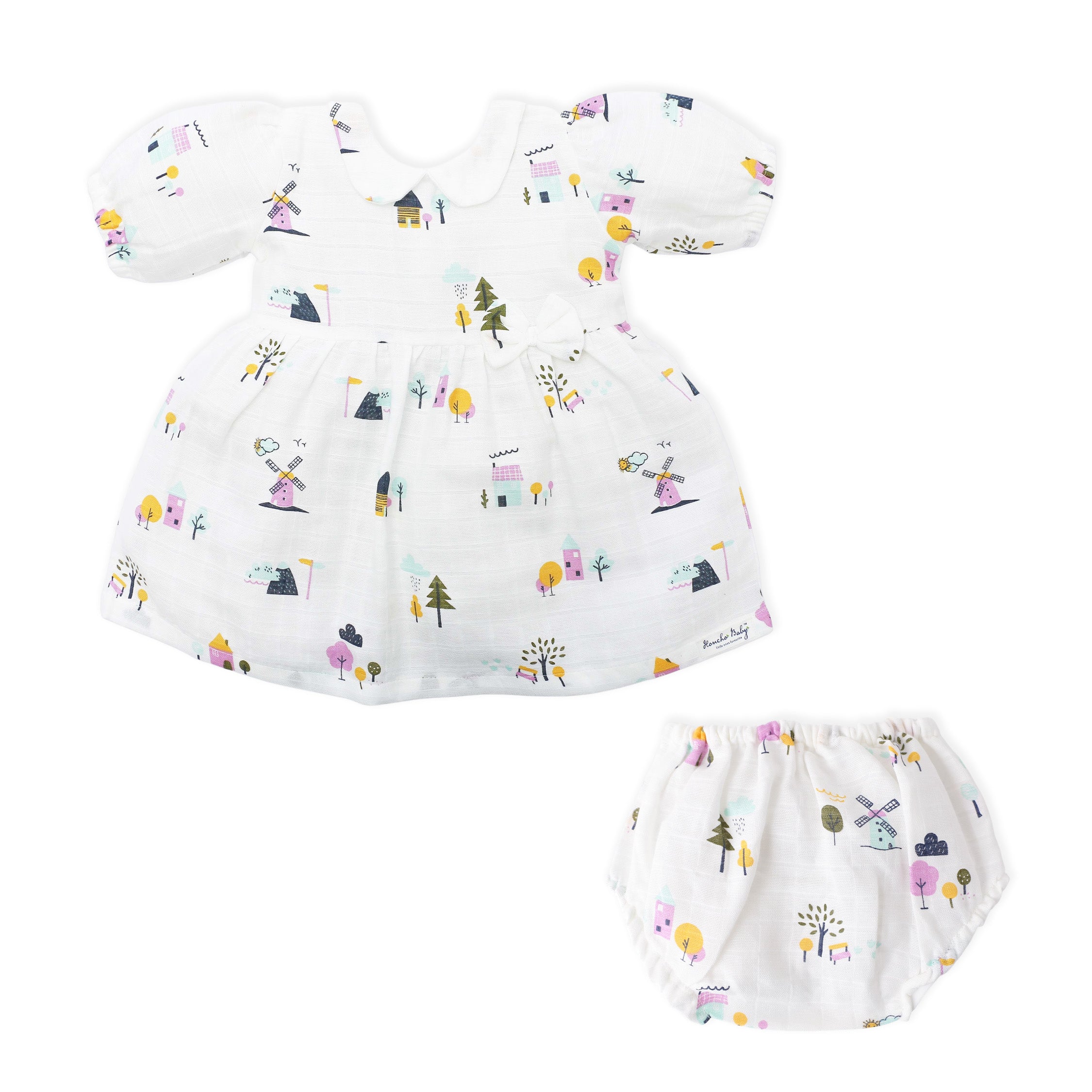 Farmyard Tales - Half Sleeve Puff Muslin Cotton Frock with Bloomers (0m to 5 years) NEW