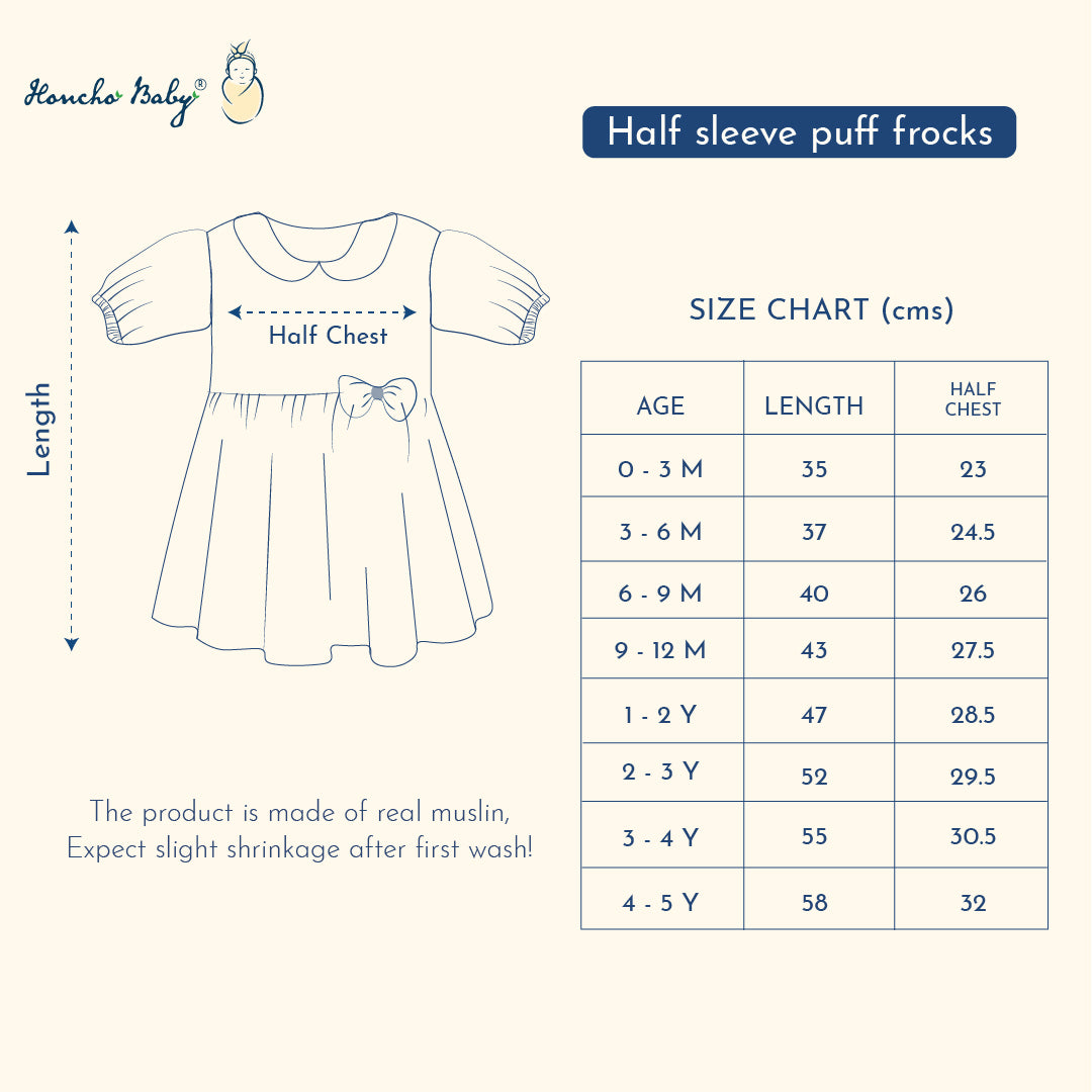 Bunny & Bumbles - Half Sleeve Puff Muslin Cotton Frock with Bow (0m to 5 years)