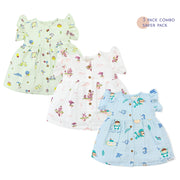 Frill Sleeve Muslin Cotton Girls Frock Pack of 3 (0 months to 5 years) - Dream, Drive & Play Combo