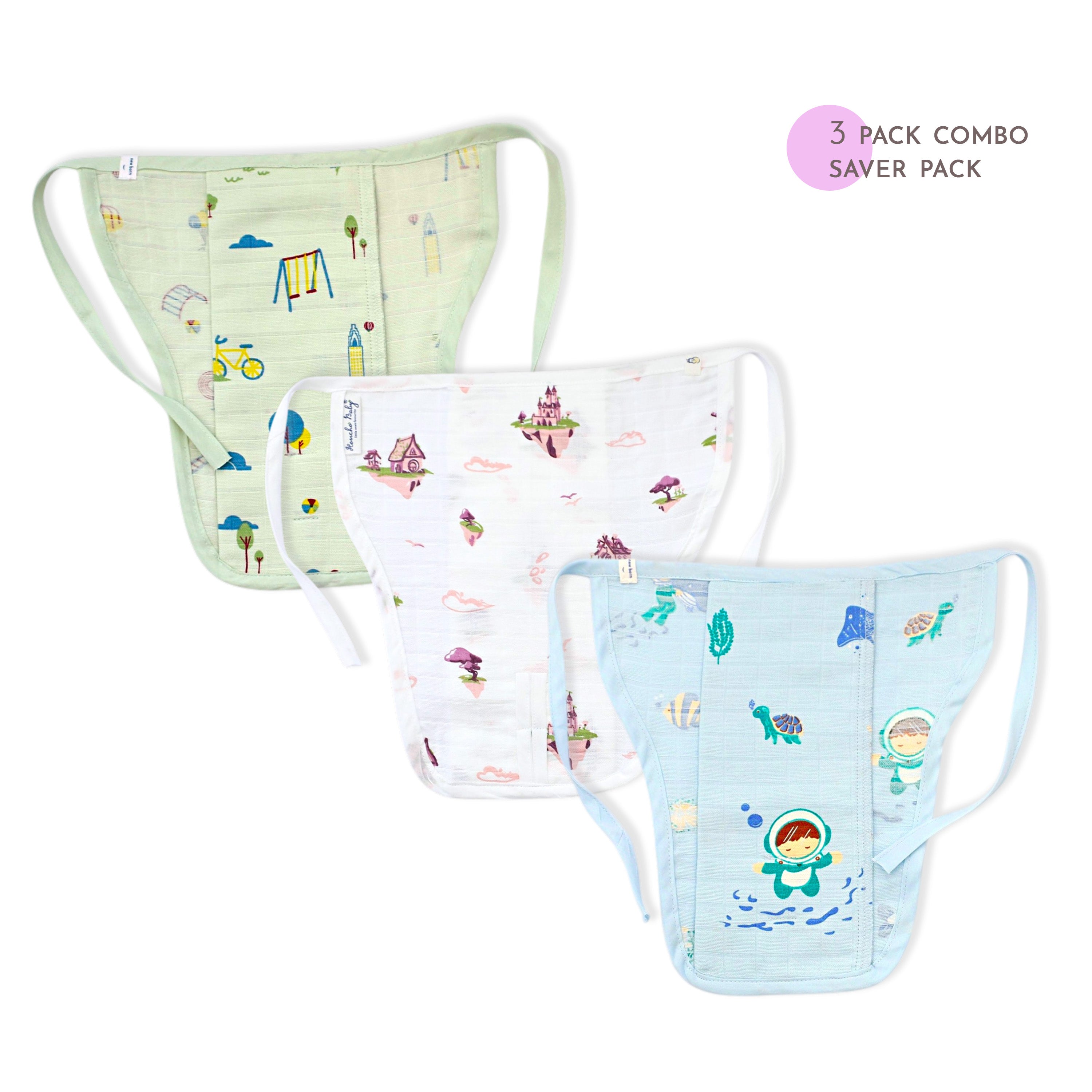 Reusable Muslin Nappies Pack of 3 (Newborn - 0-3 months) - Dream, Dive & Play Combo