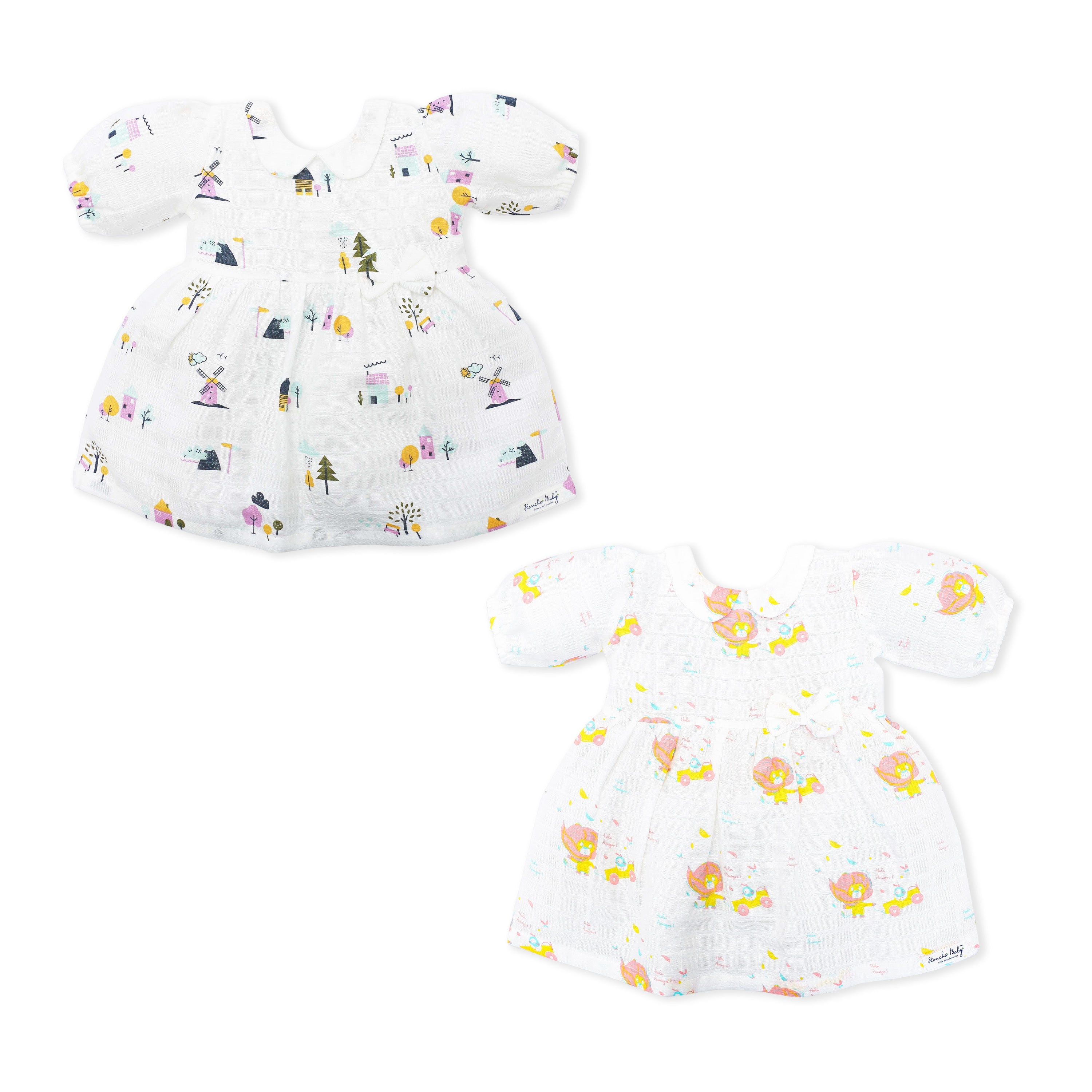 Half Sleeve Puff Muslin Cotton Frock with Bow Pack of 2 (9–12 Months)
