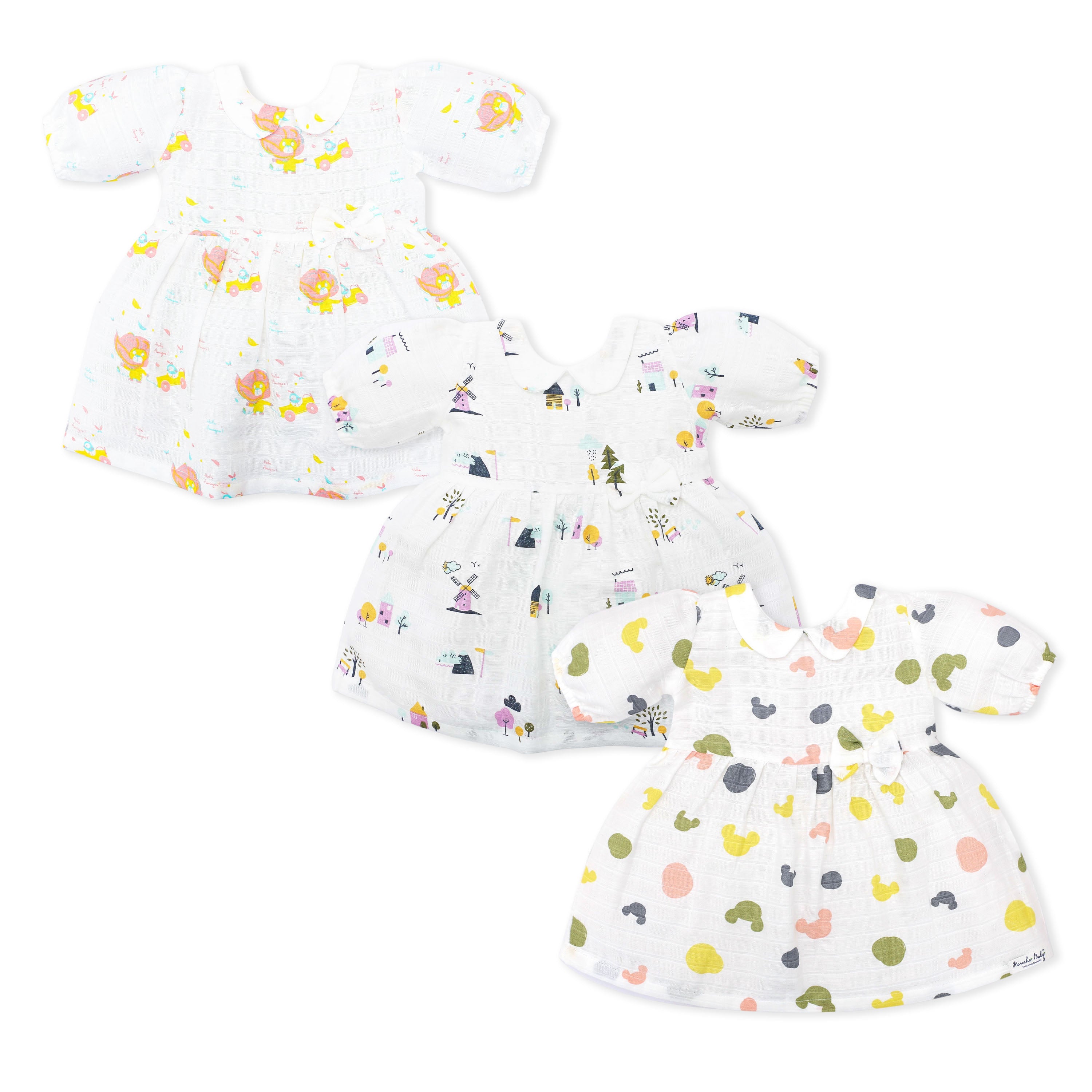 Half Sleeve Puff Muslin Cotton Frock with Bow Pack of 2 & 3 (3-4 Years)