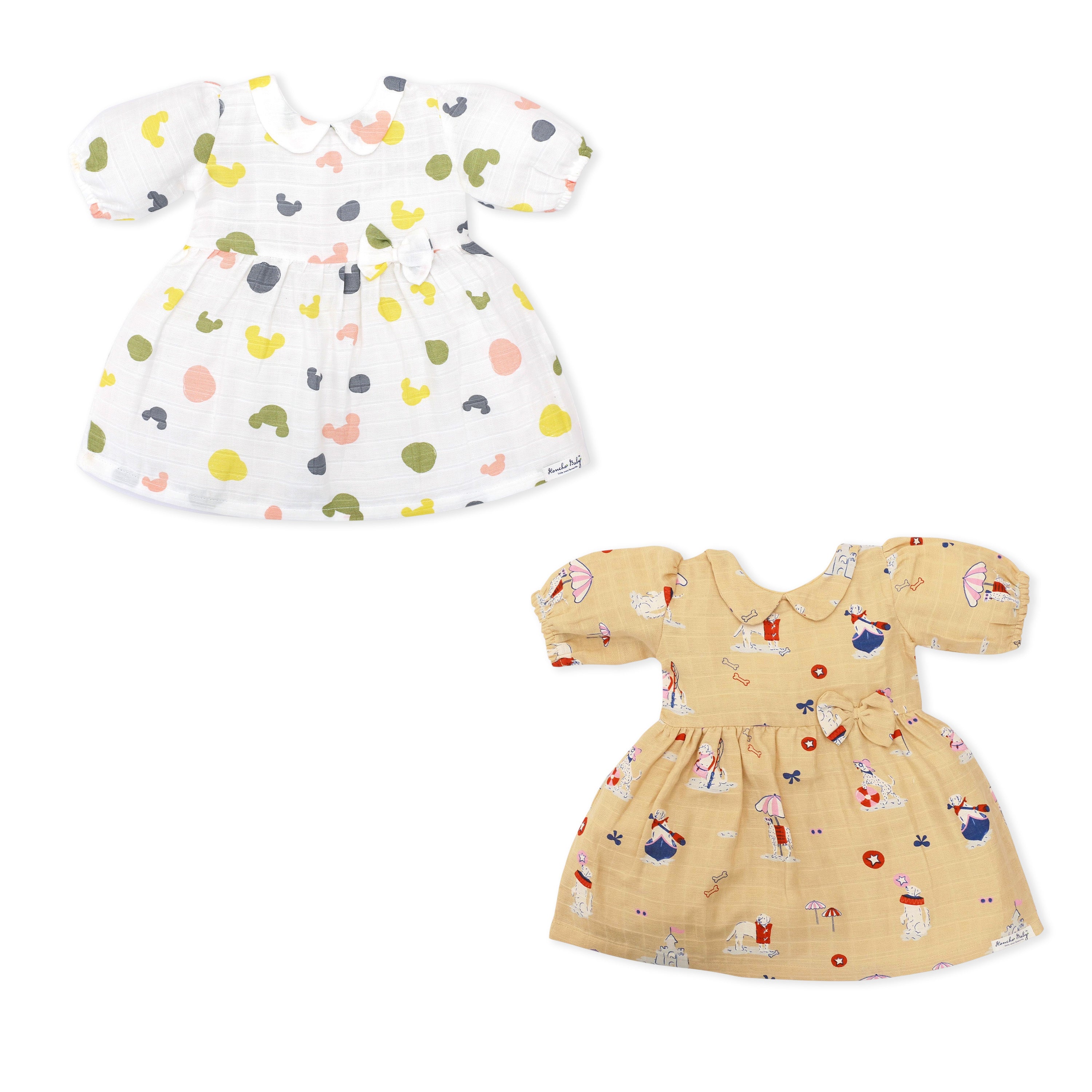 Half Sleeve Puff Muslin Cotton Frock with Bow Pack of 2 (9–12 Months)