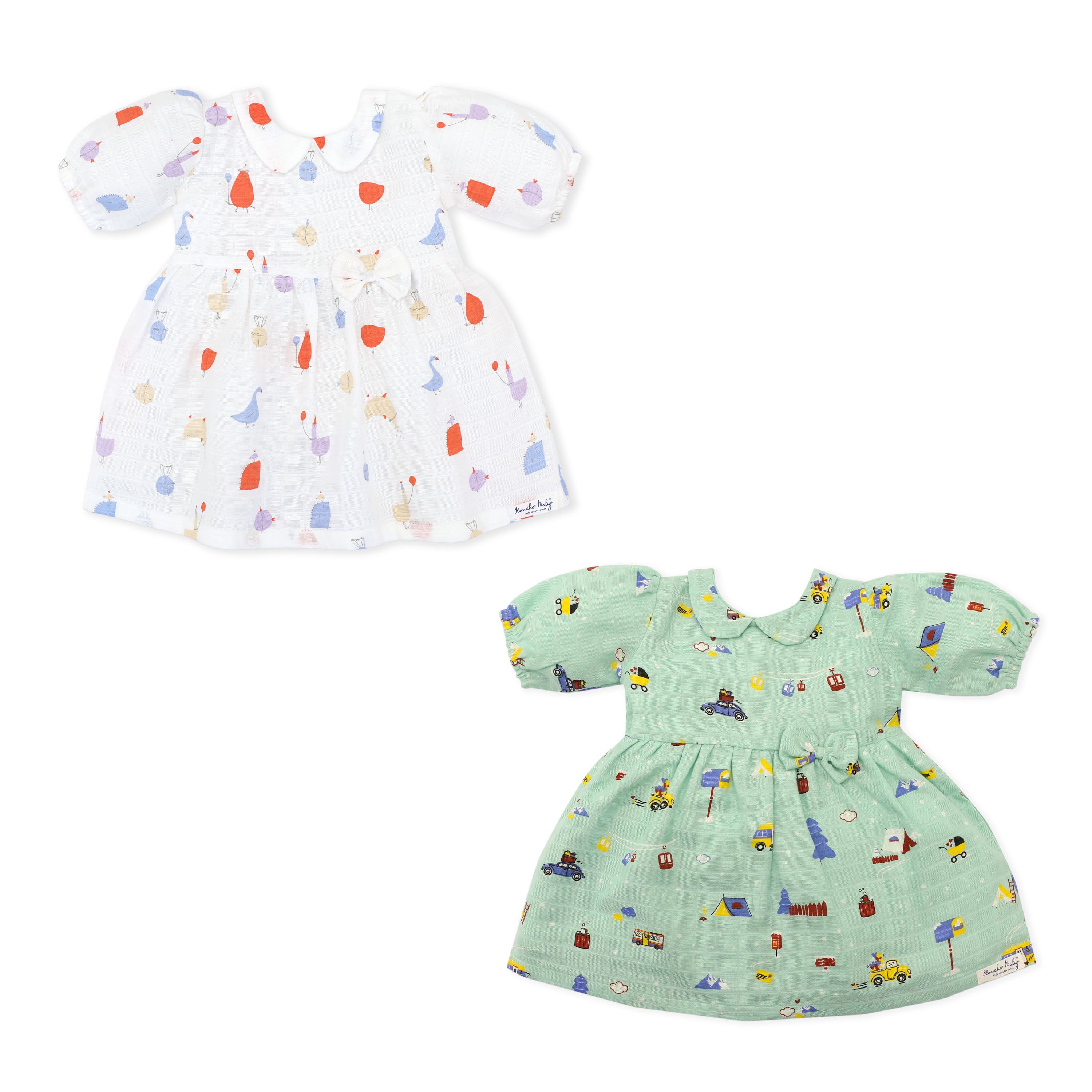 Half Sleeve Puff Muslin Cotton Frock with Bow Pack of 2 & 3 (3-4 Years)