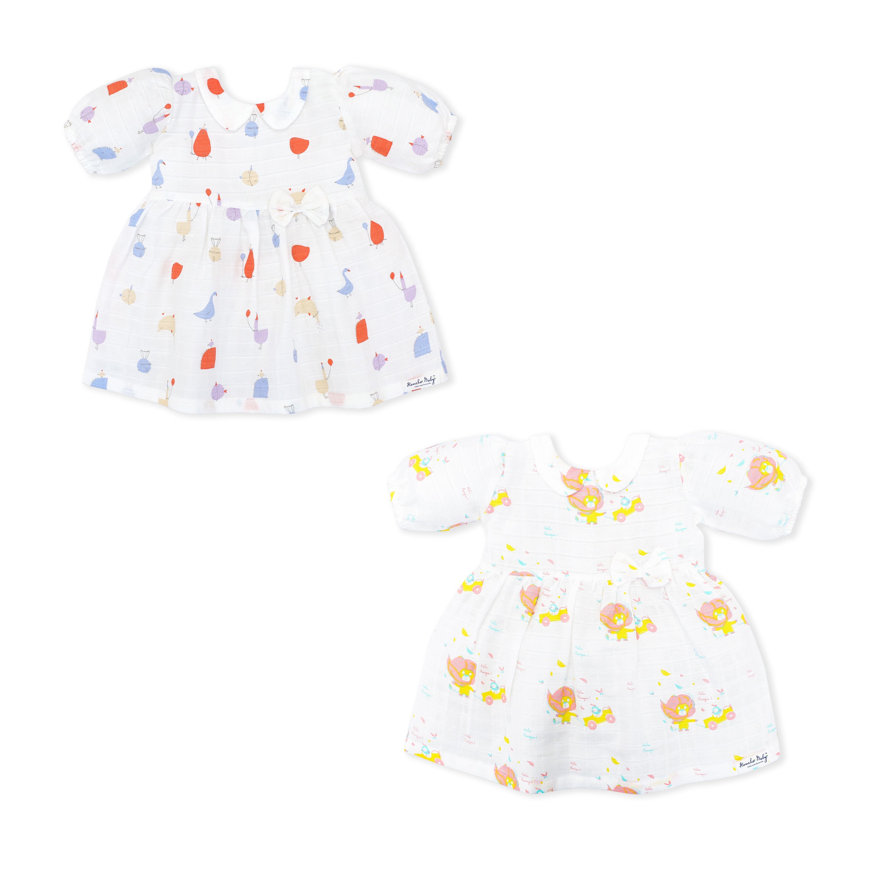 Half Sleeve Puff Muslin Cotton Frock with Bow Pack of 2 (2-3 Years)