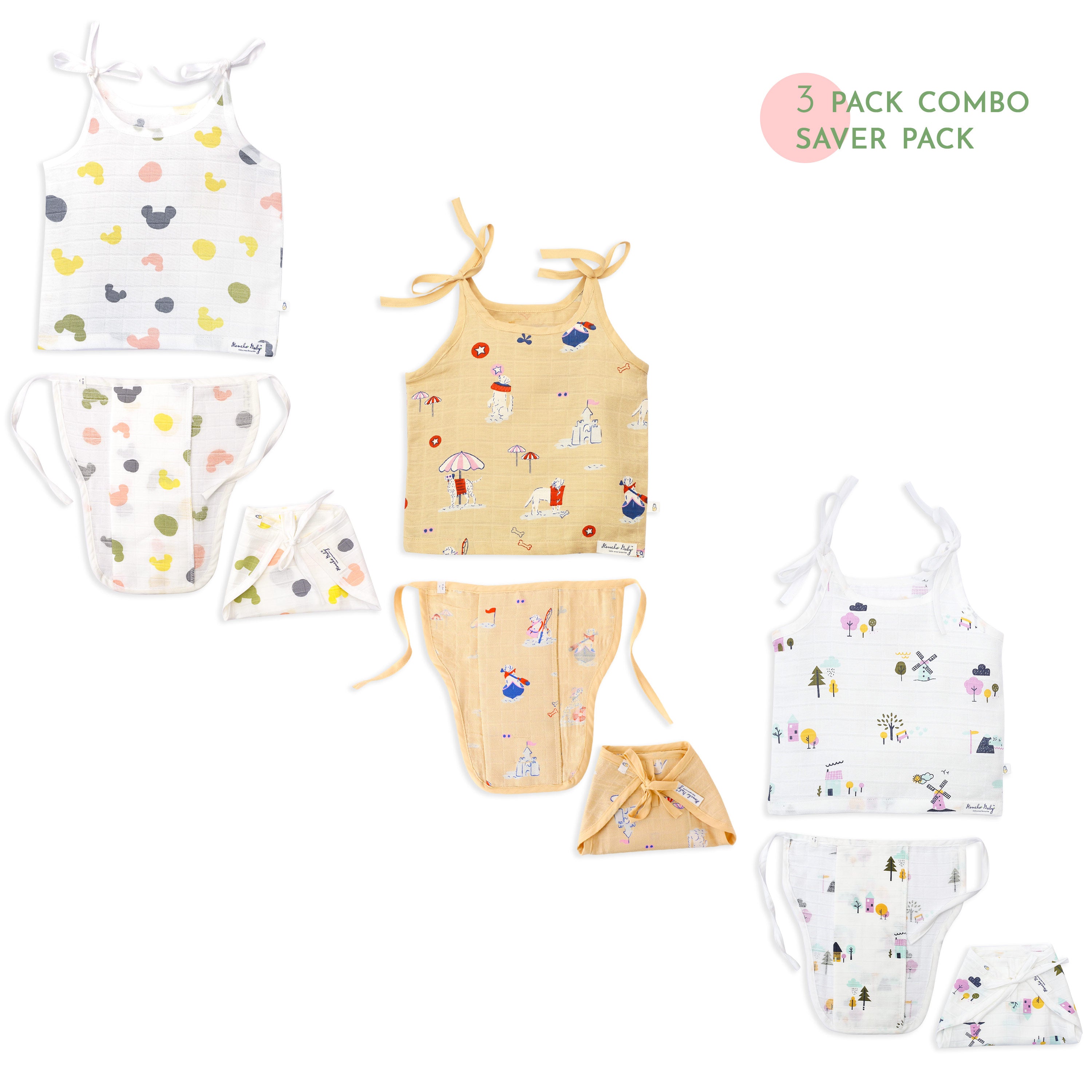 Assorted 3 pack - Muslin Knot jabla & Reusable Muslin Nappies / Langot (4 Layered Central Panel) - Wonderland Tales Combo NEW