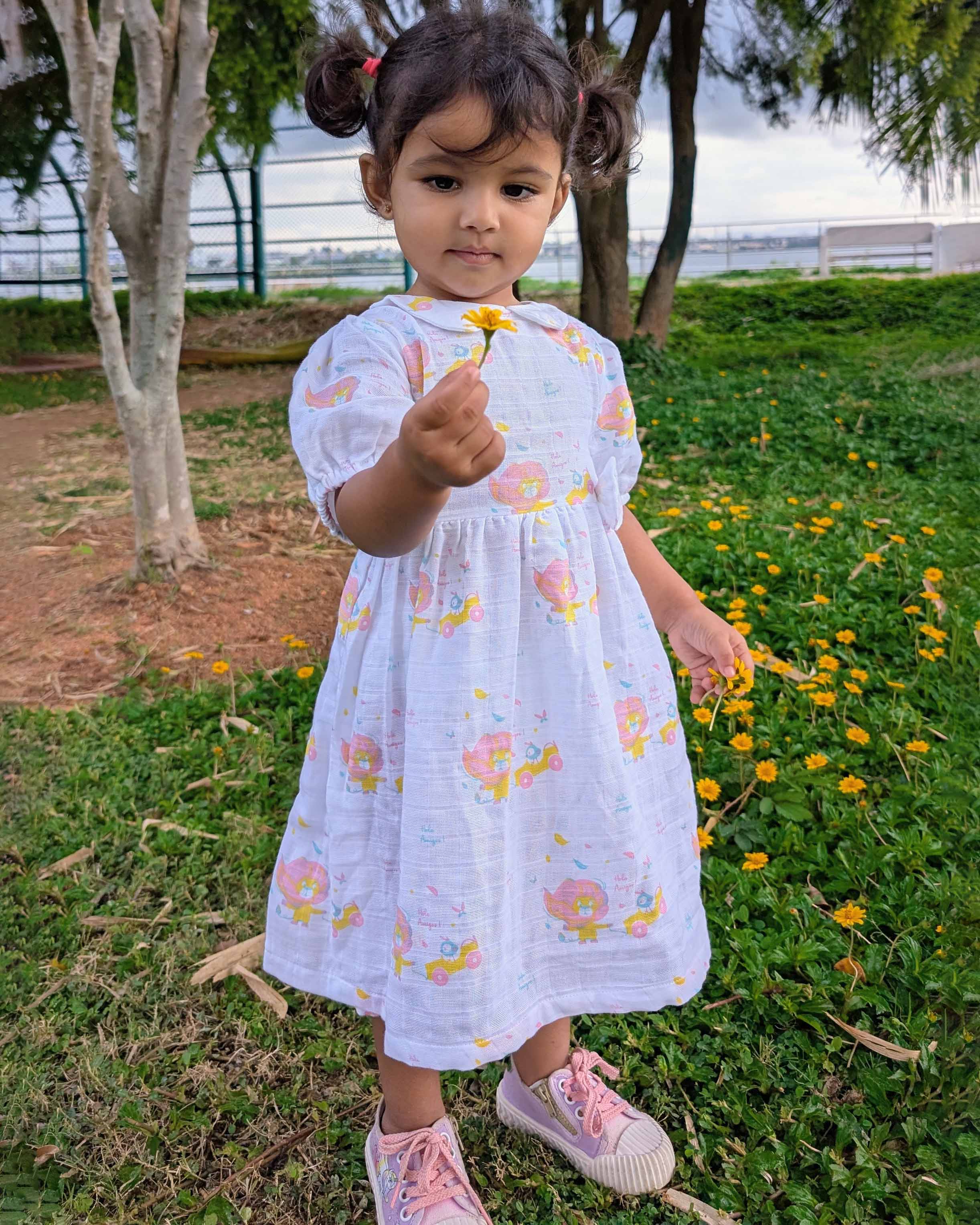 Lion & The Bird - Half Sleeve Puff Muslin Cotton Frock with Bow (0m to 5 years) NEW