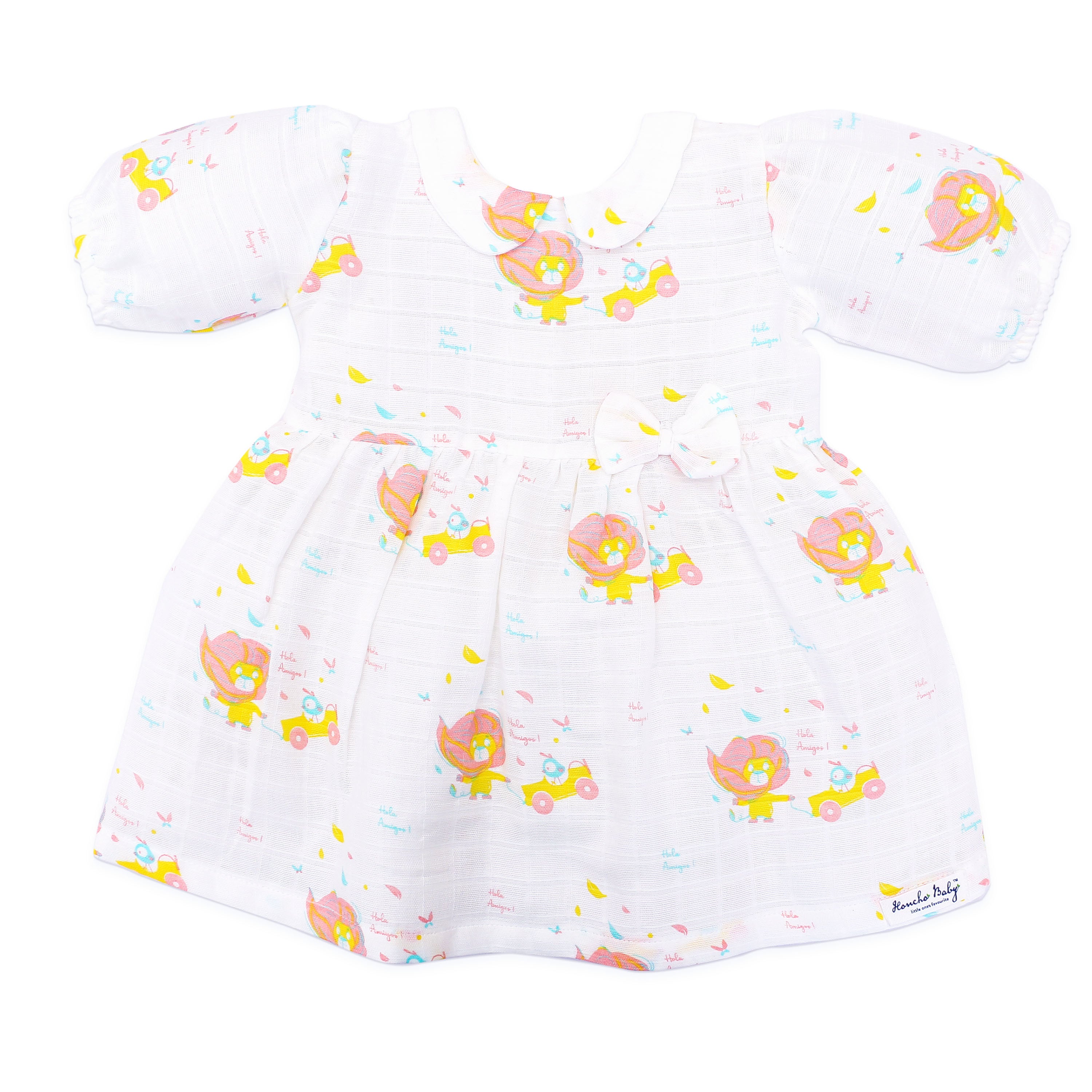Lion & The Bird - Half Sleeve Puff Muslin Cotton Frock with Bow (0m to 5 years) NEW