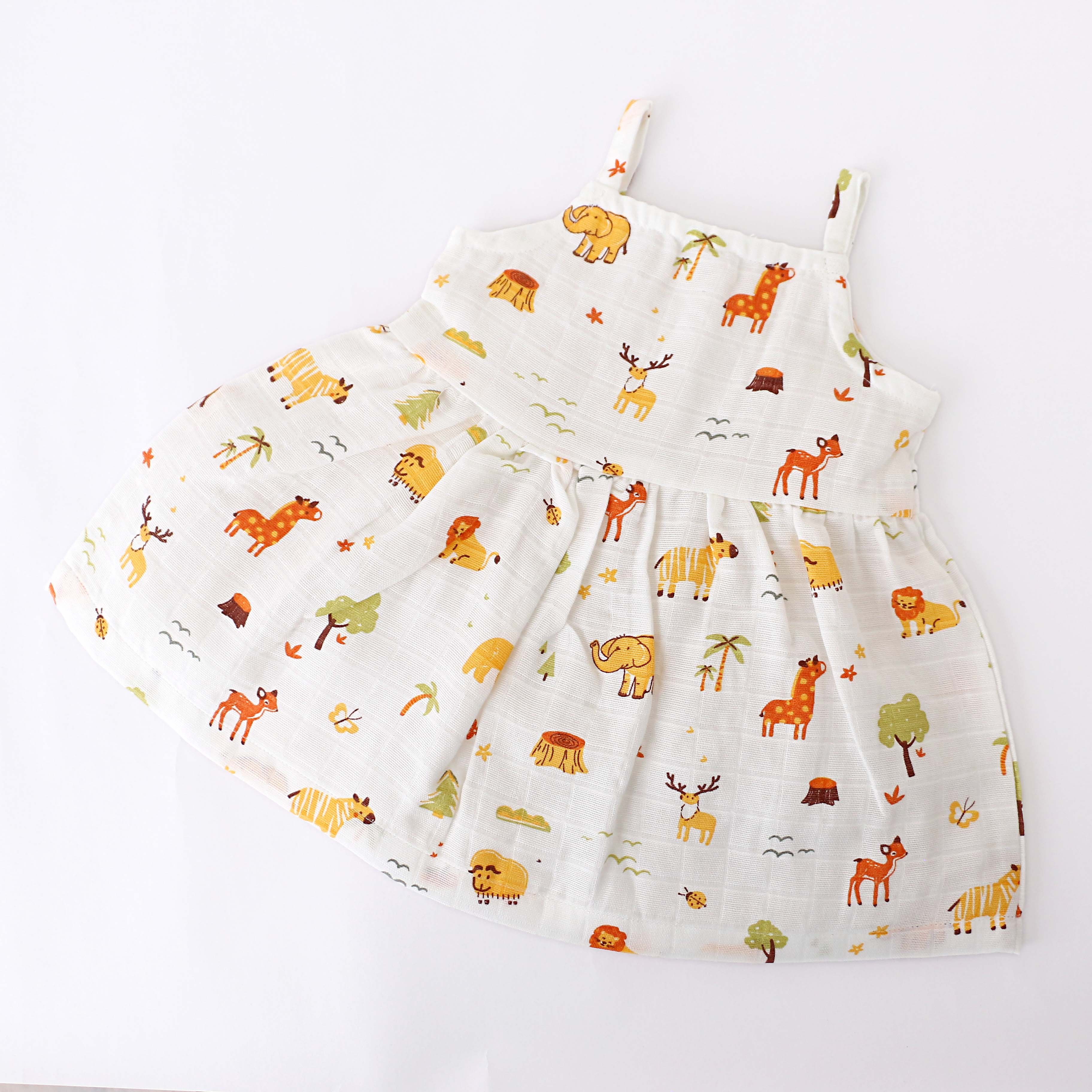 Sleeveless Muslin Cotton Frock with Bow (0m to 4years) - Tiny Jungle Adventures