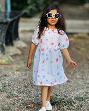 Magic Doodles - Half Sleeve Puff Muslin Cotton Frock with Bow (0m to 5 years) NEW