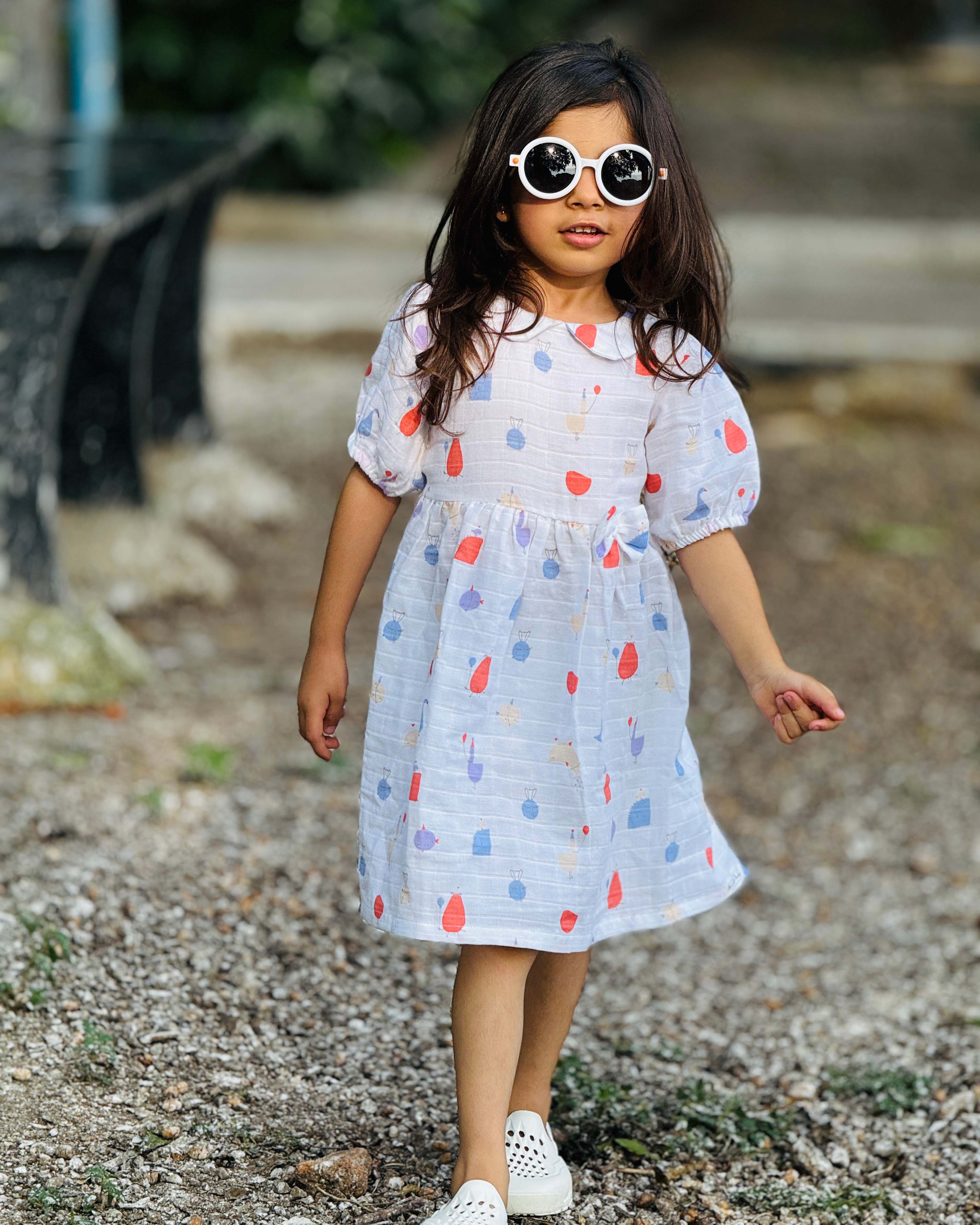 Magic Doodles - Half Sleeve Puff Muslin Cotton Frock with Bow (0m to 5 years) NEW