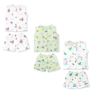 Muslin Cotton Sleeveless Top & Shorts for Babies & Toddlers Pack of 3 (Newborn–5 Years) - Dream, Drive & Play Combo