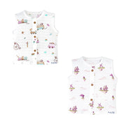 Two printed sleeveless cotton vests for babies