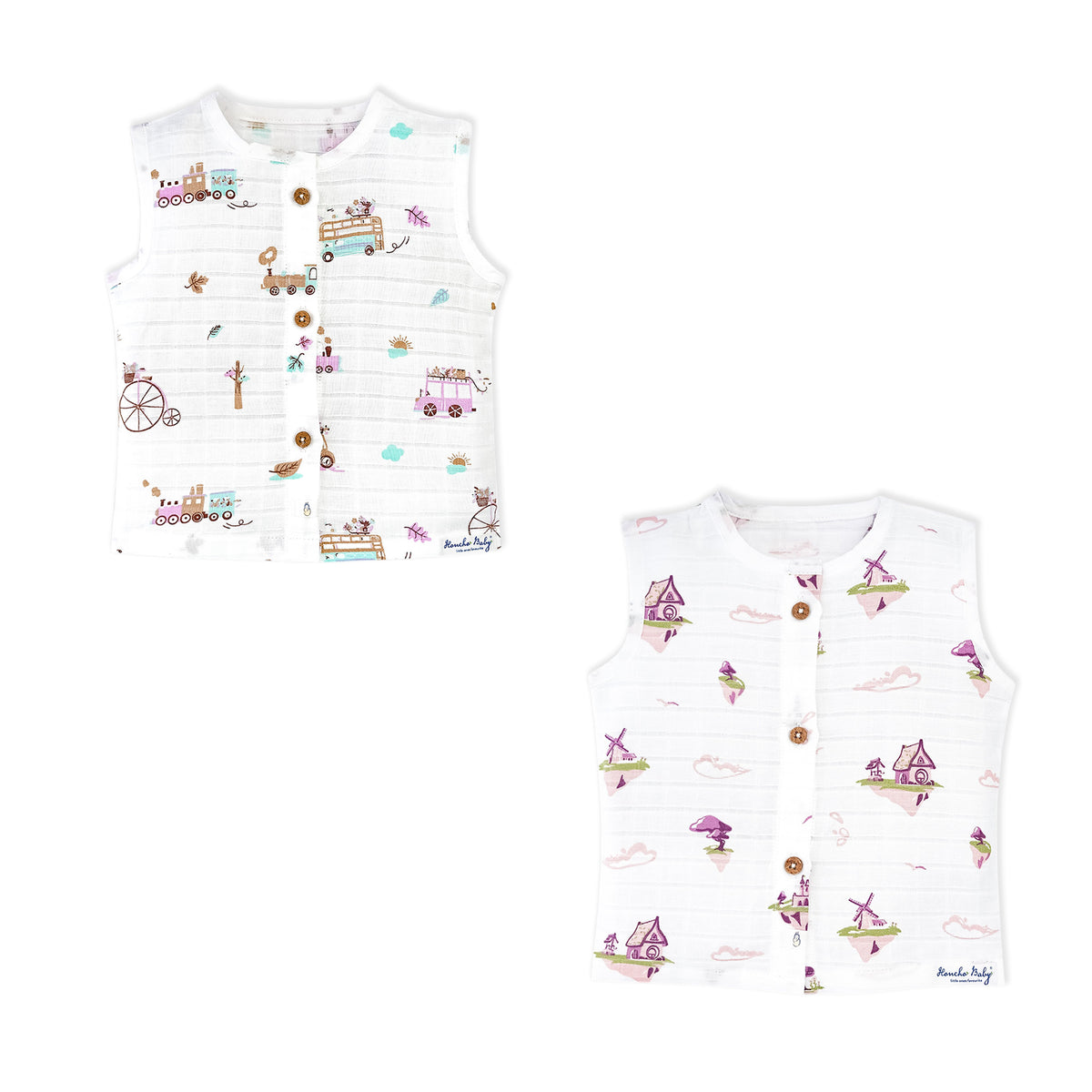Two printed sleeveless cotton vests for babies