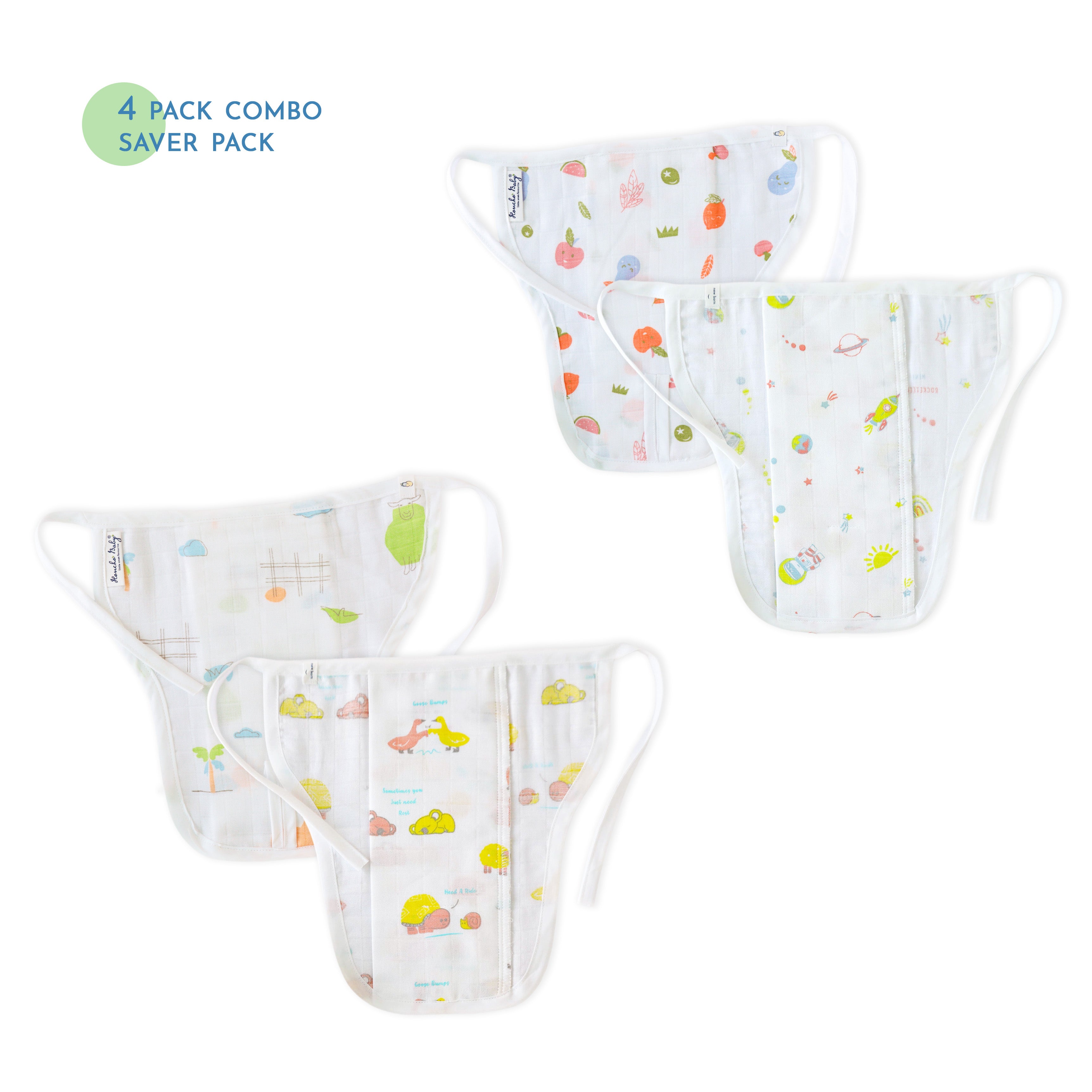 Reusable Muslin Nappies / Langot (4 Layered Central Panel) Pack of 4 - Animal, goat, sunshine, fruit