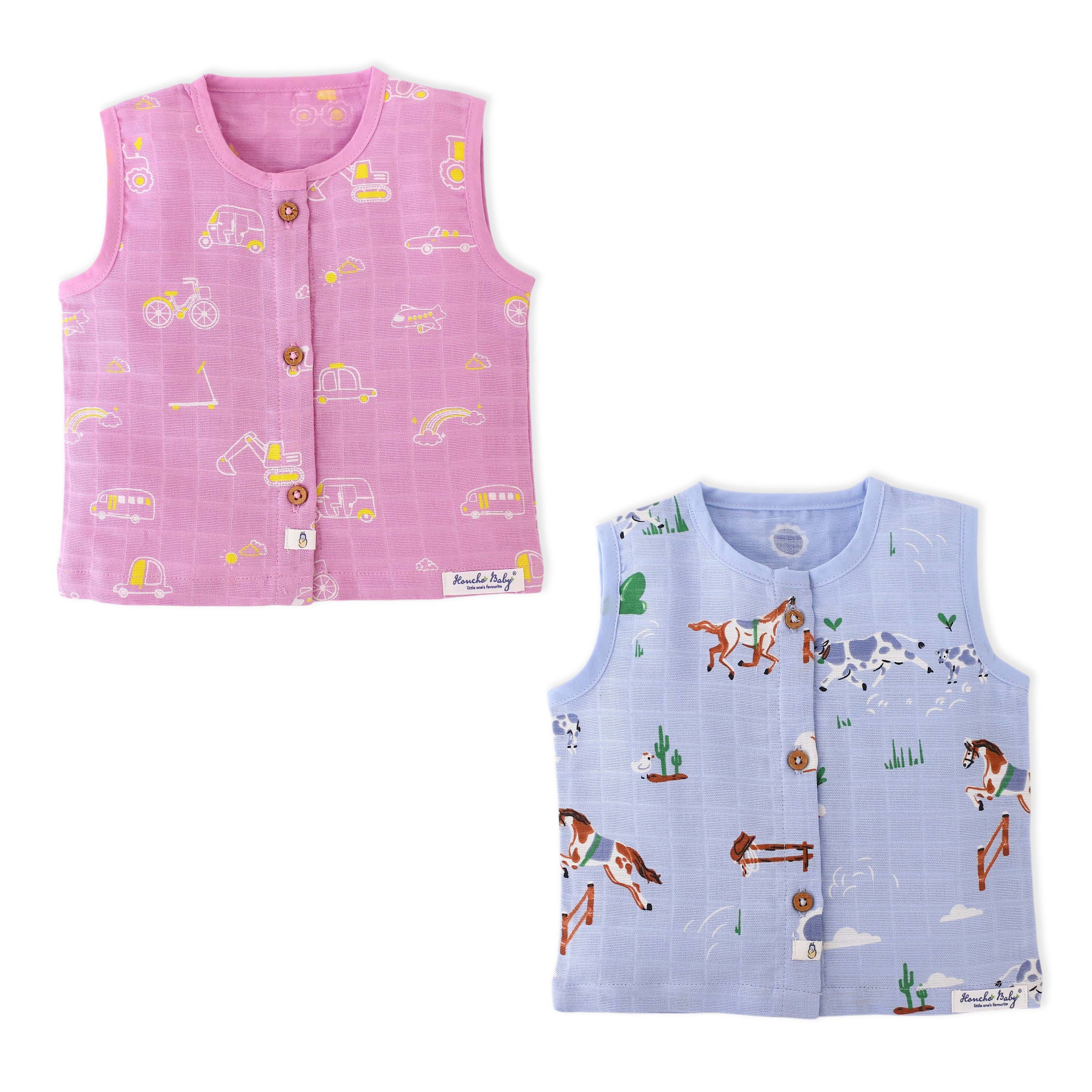 Two Sleeveless vests, one pink with vehicle patterns and one blue with animal patterns, on a white background.