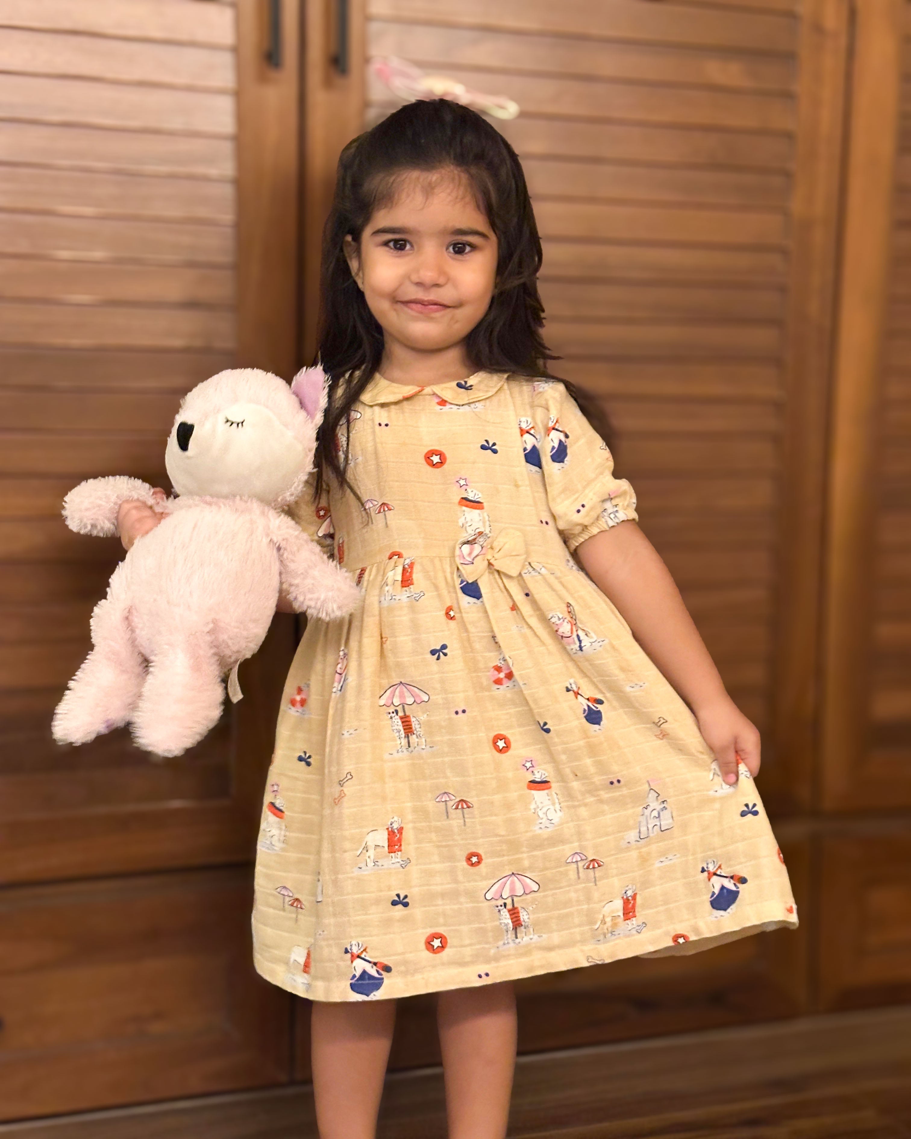 Paw-some Beach Day - Half Sleeve Puff Muslin Cotton Frock with Bow (0m to 5 years)