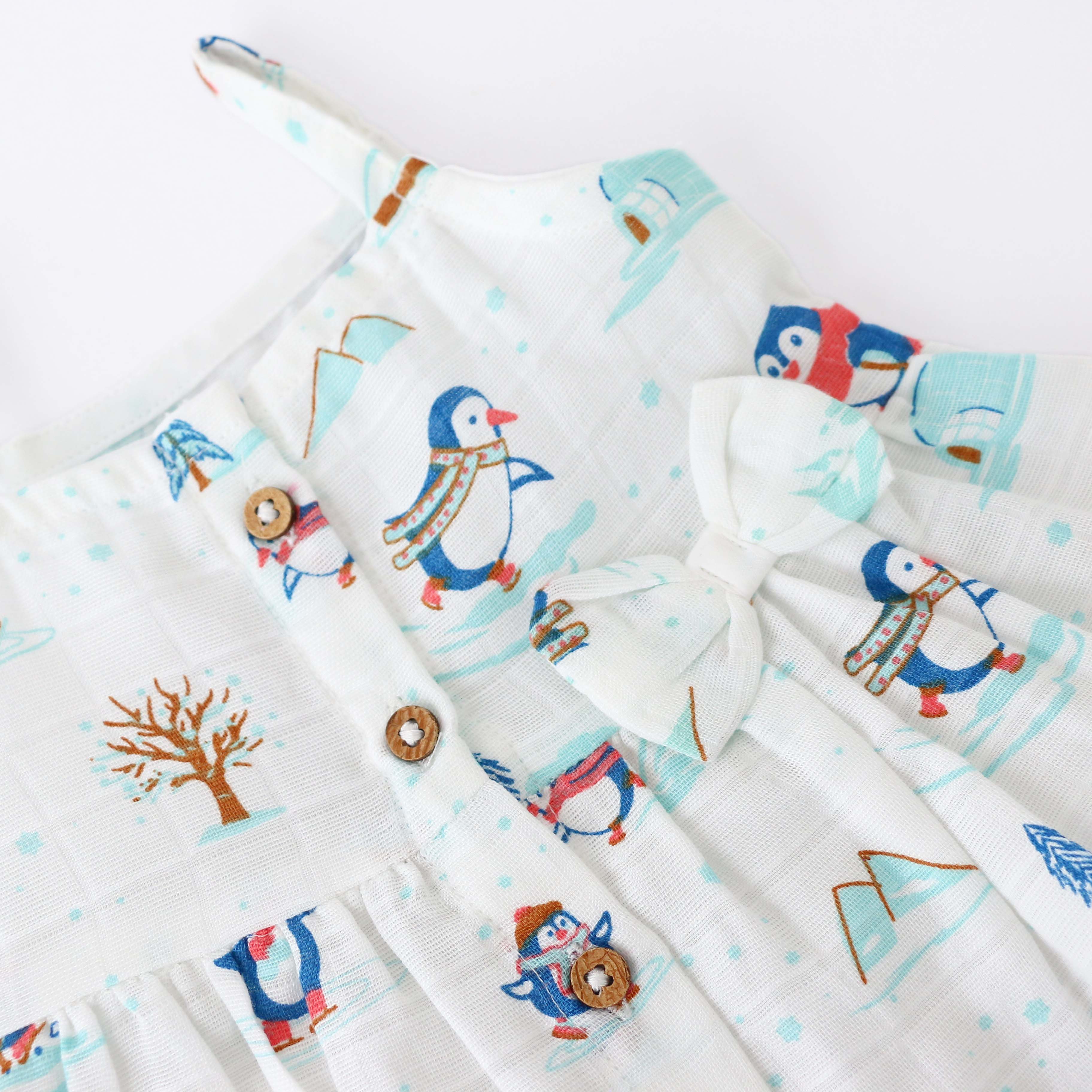 Penguin Wonderland - Sleeveless Muslin Cotton Frock with Bow (0m to 4years)