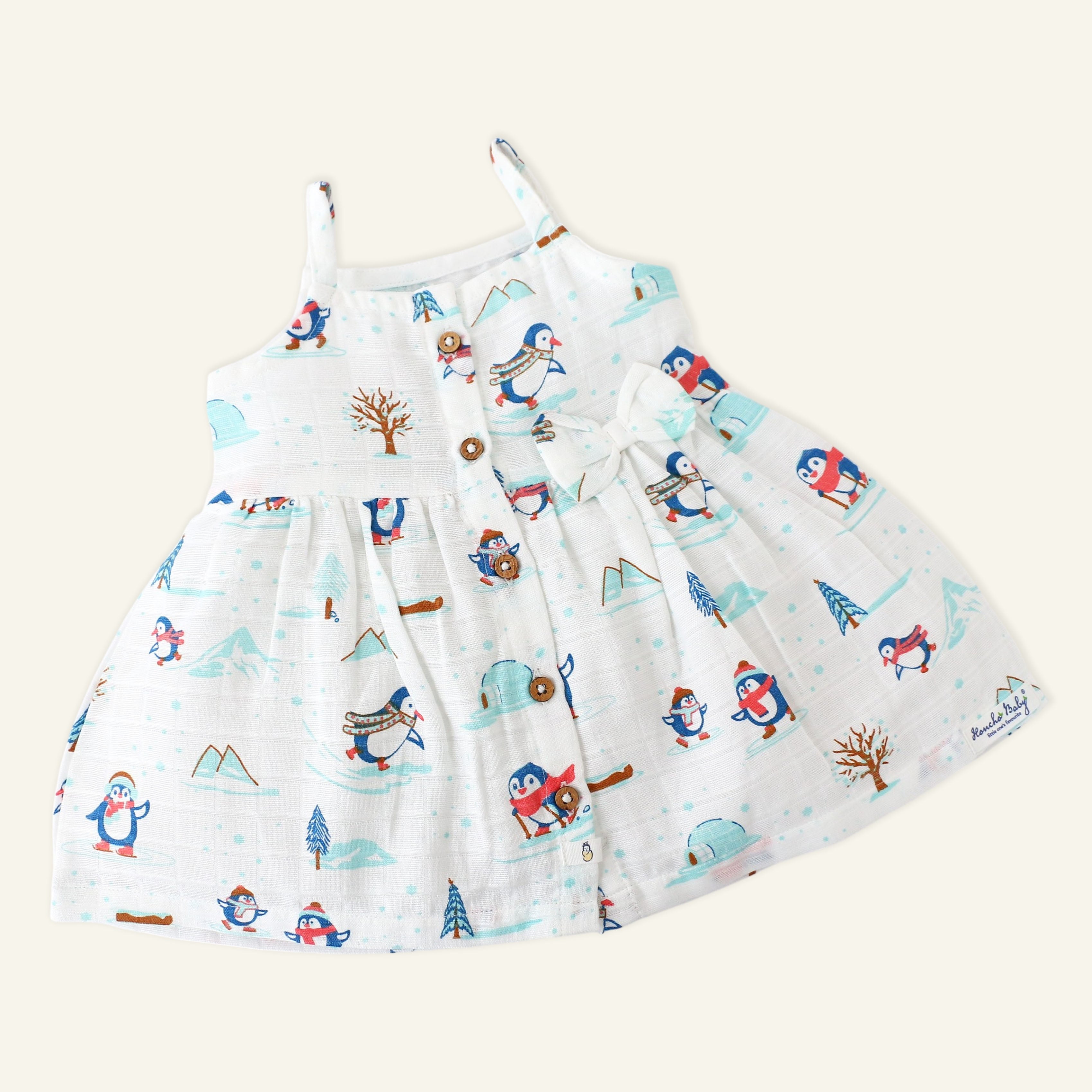Penguin Wonderland - Sleeveless Muslin Cotton Frock with Bow (0m to 4years)