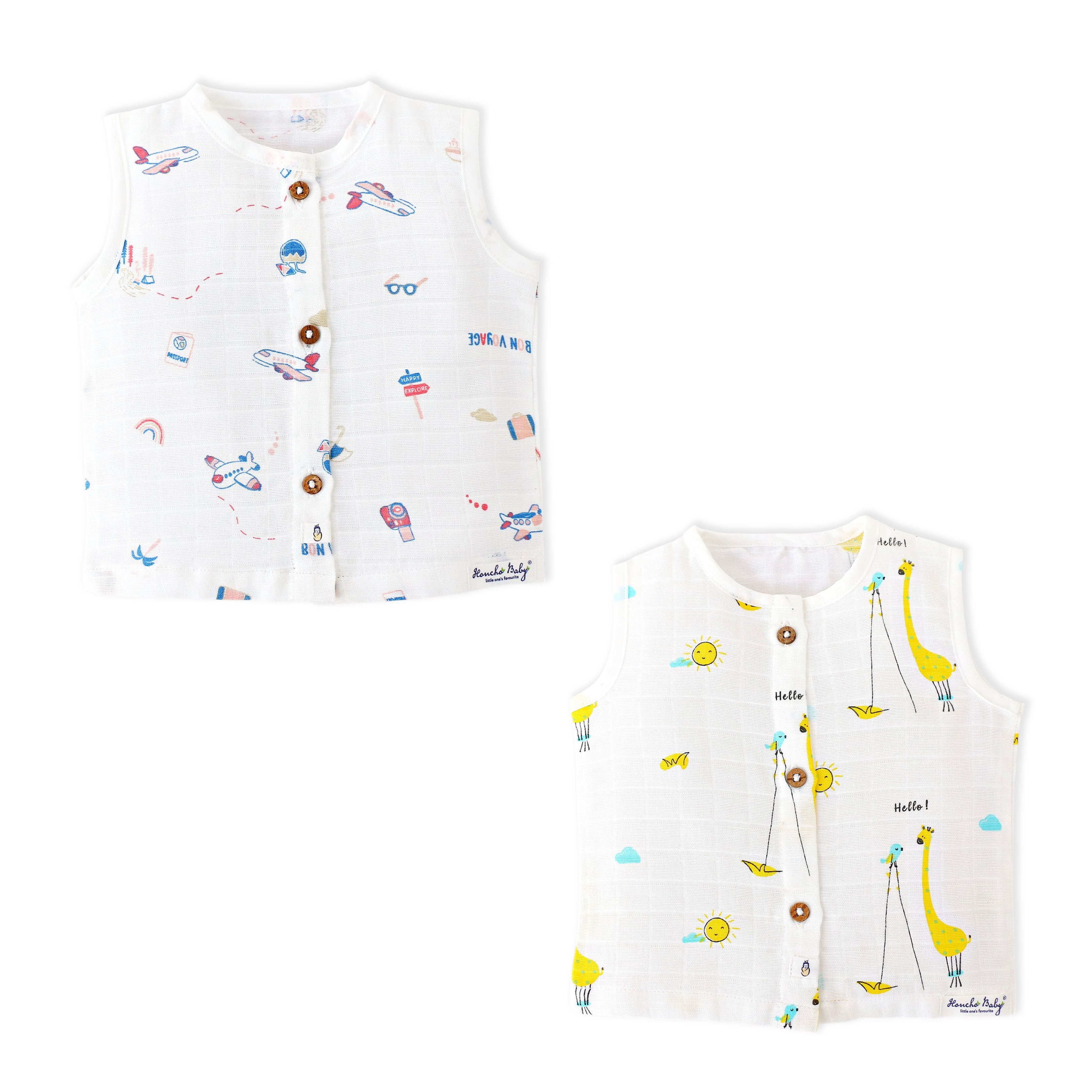 Muslin Sleeveless Top for 6-9 Months Assorted 2 Pack - Tiny Traveller & Giraffe Tales & Tweets
