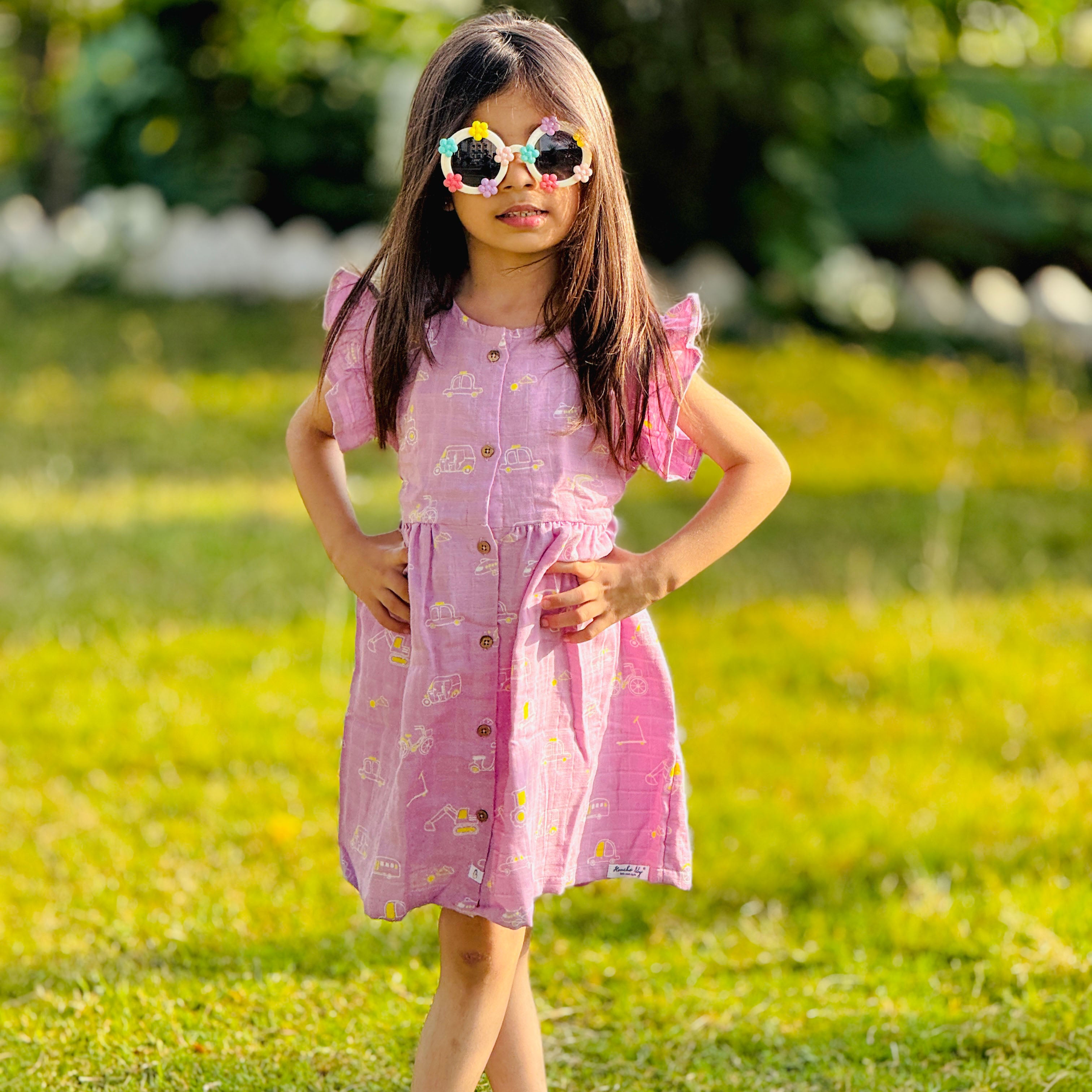 Frill Sleeve Muslin Cotton Girls Frock (0 months to 5 years) - Busy Little Wheels