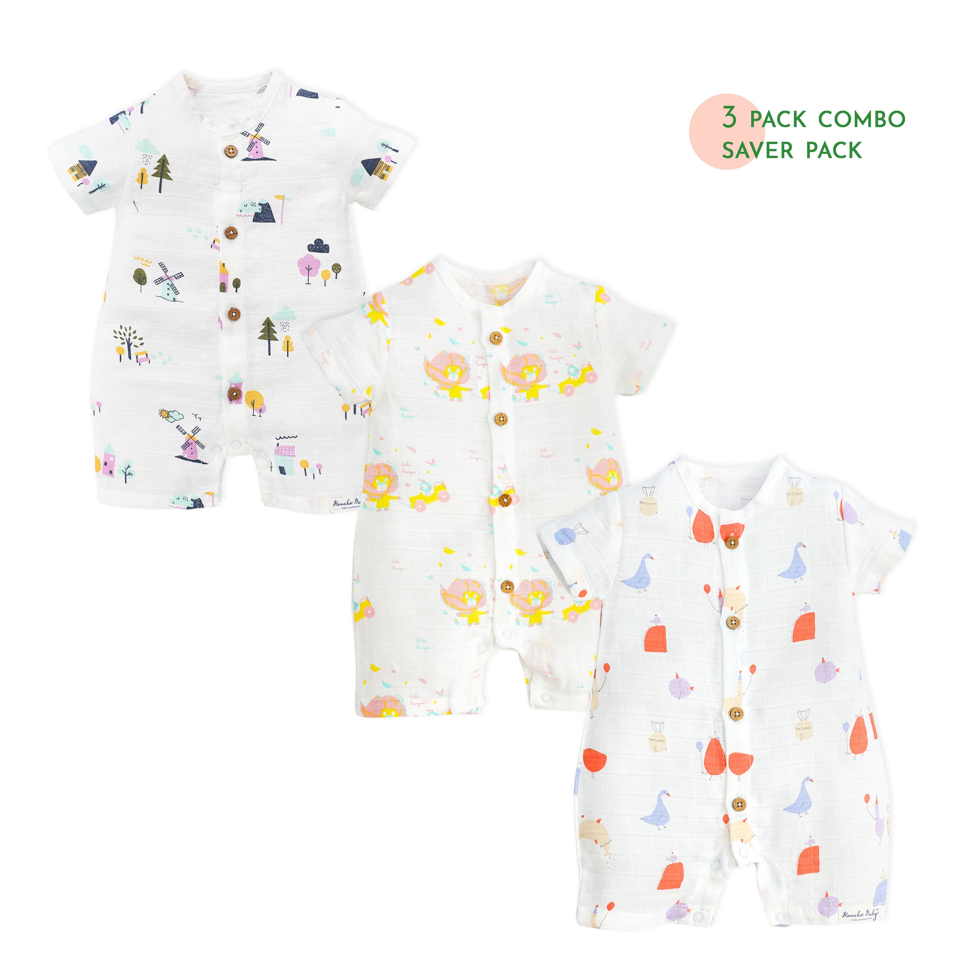 3 Pack Muslin Baby Romper - Little Safari Combo (0 months to 24 Months)