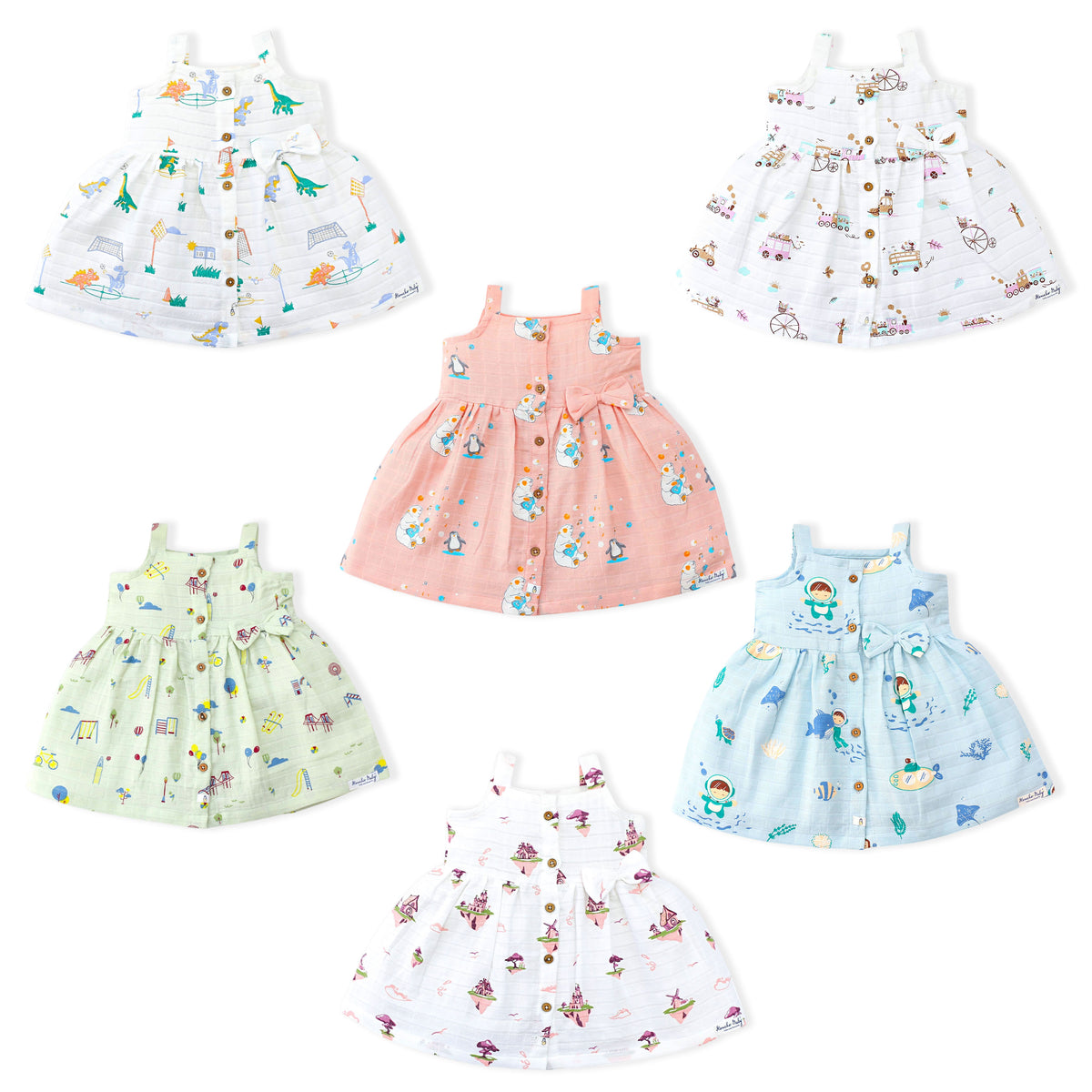 Sleeveless Muslin Cotton Frock with Bow (1-2 years) - Pack of 6