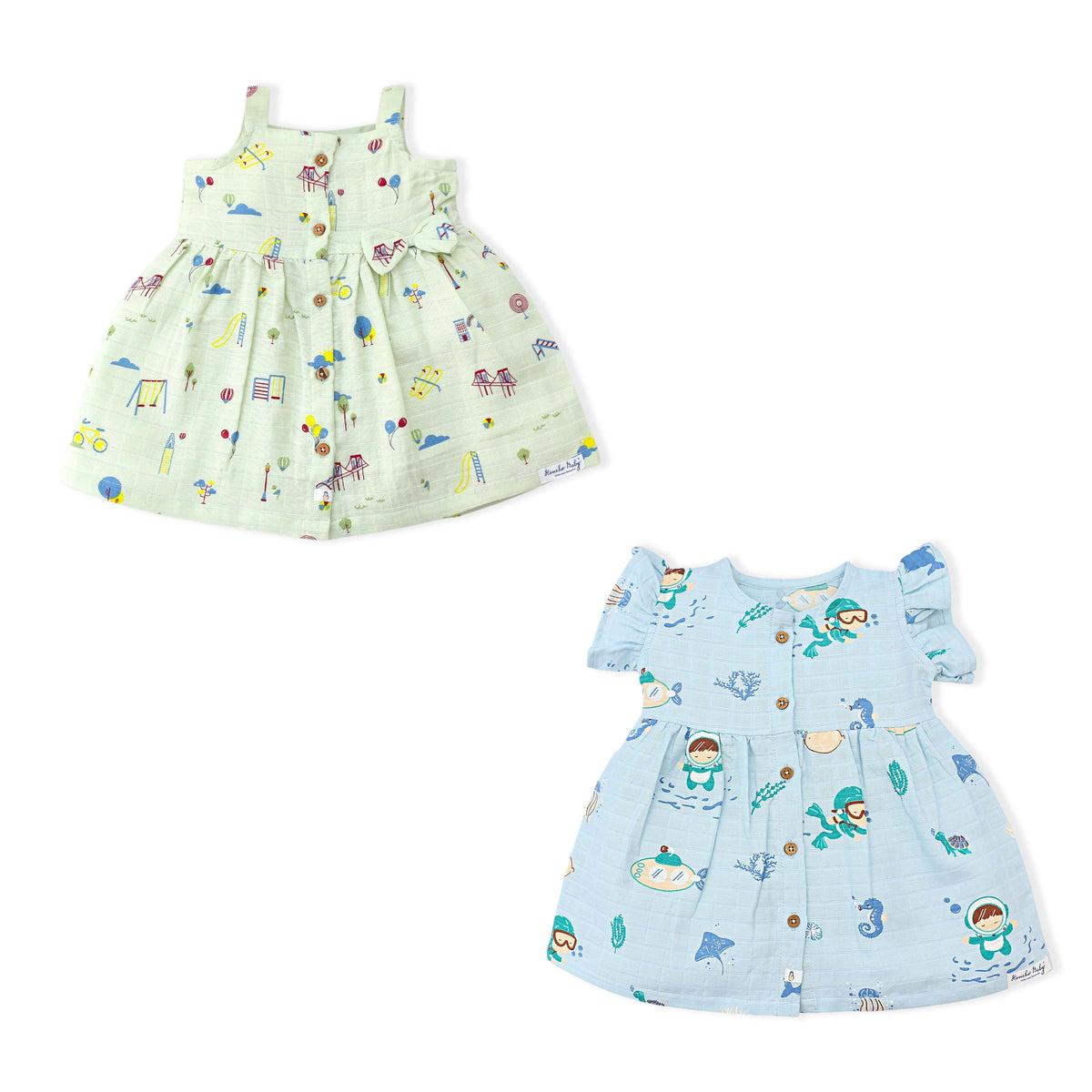 Sleeveless Frock and Frill Sleeve Muslin Cotton Girls Frock Combo Pack of 2 (9-12 Months)