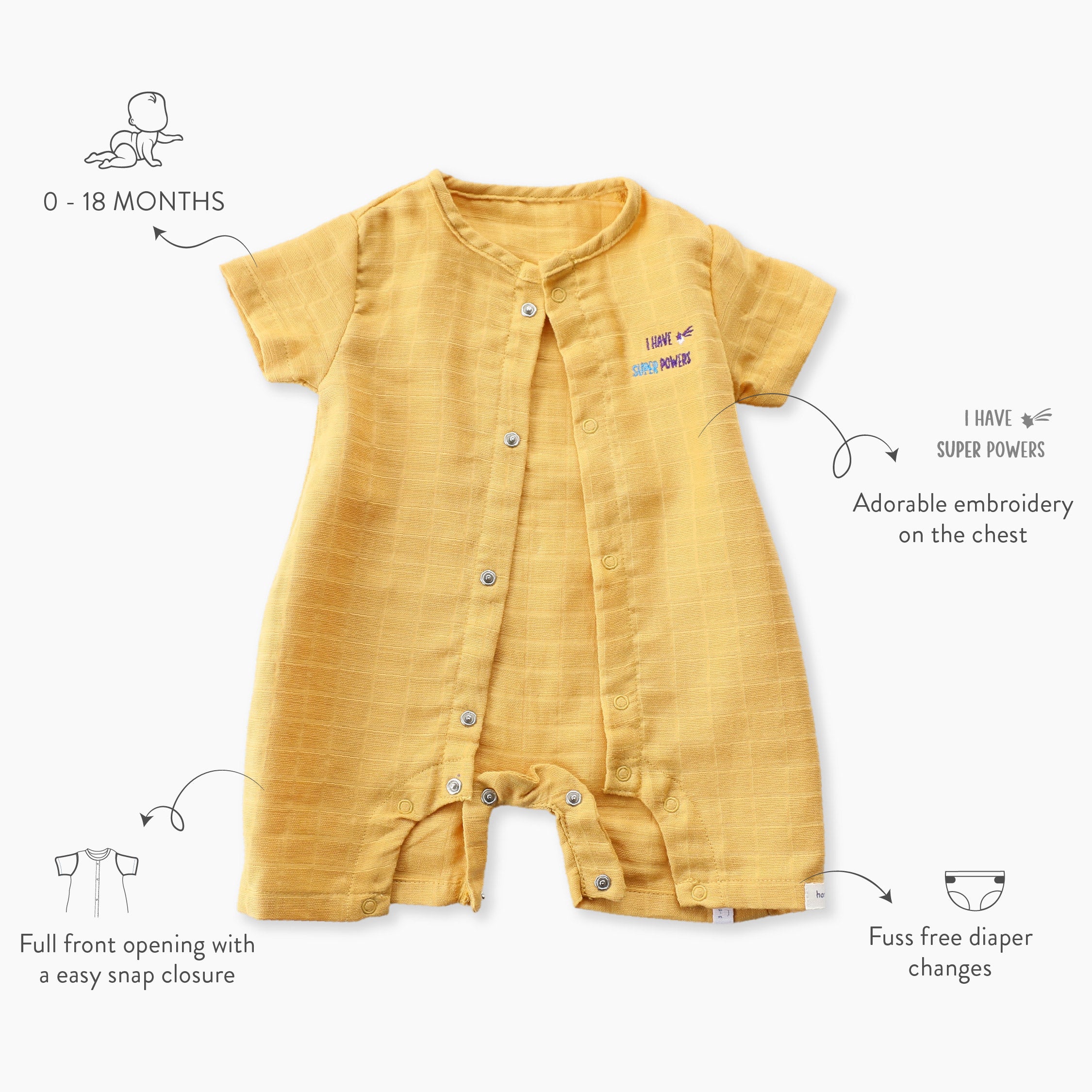 Muslin Solid Baby Romper for 0-18 Months - Pack of 2