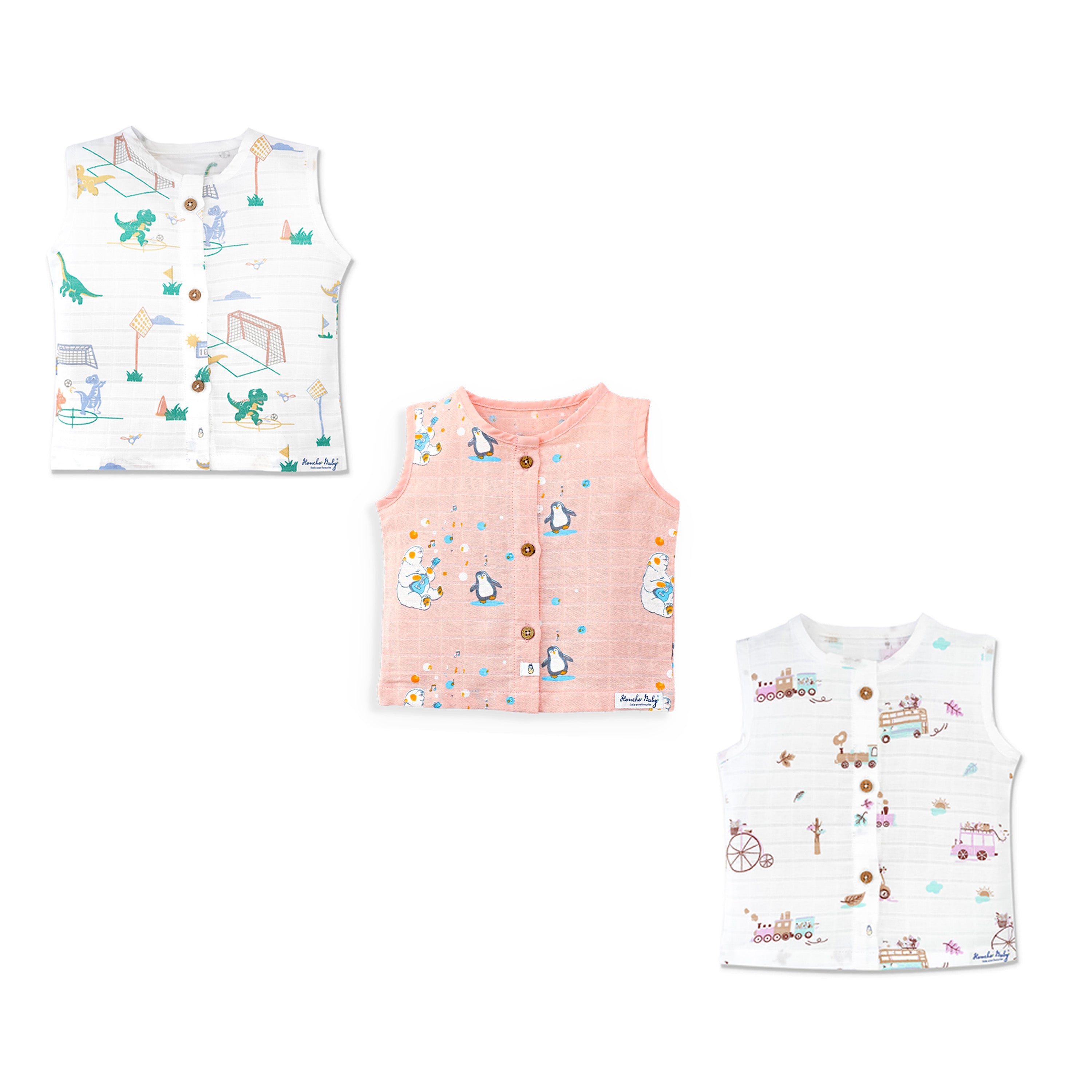 Muslin Cotton Sleeveless Top for Babies & Toddlers Pack of 3 (Newborn–5 Years) - Happy Days Combo