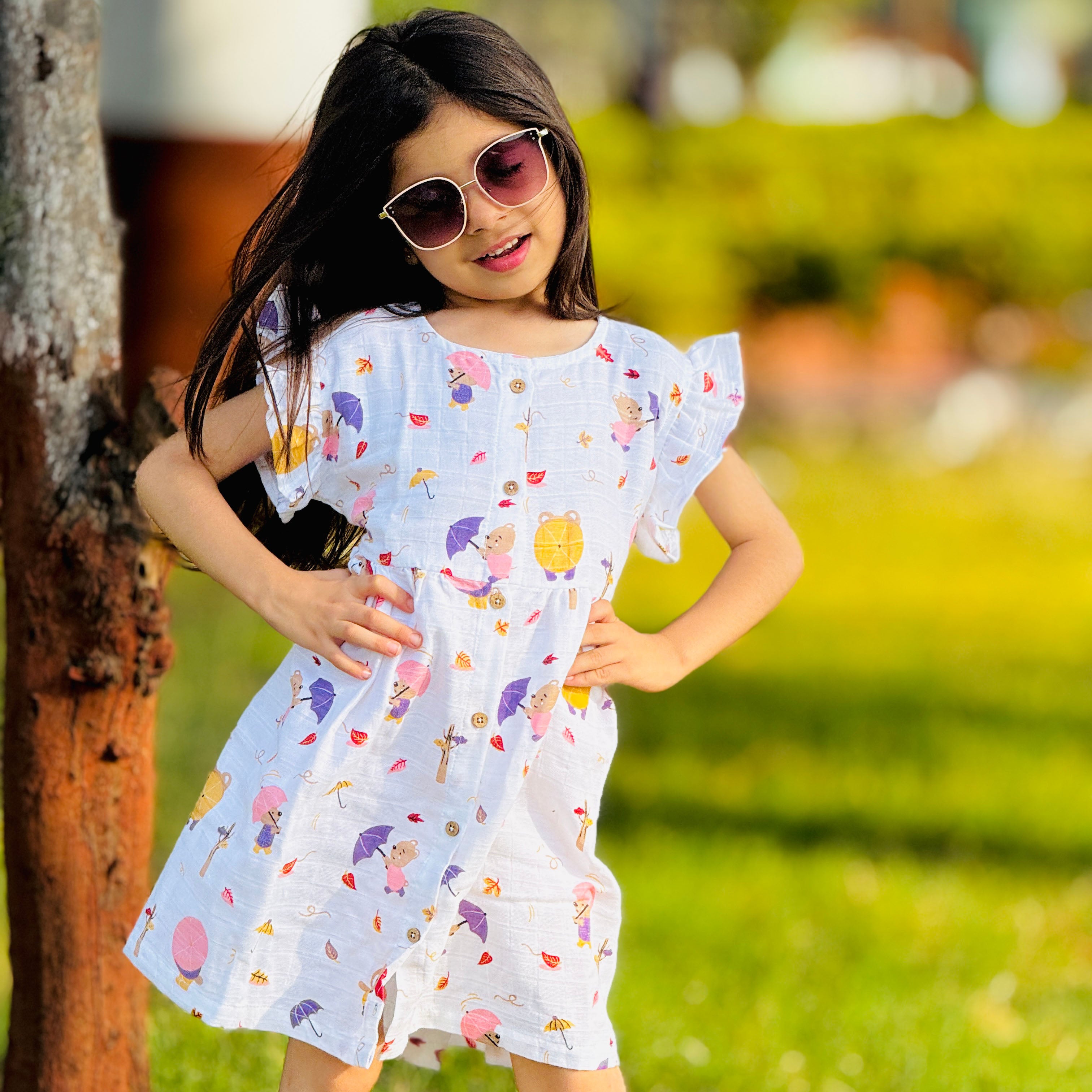 Frill Sleeve Muslin Cotton Girls Frock (0 months to 5 years) - Teddy's Windy Walk