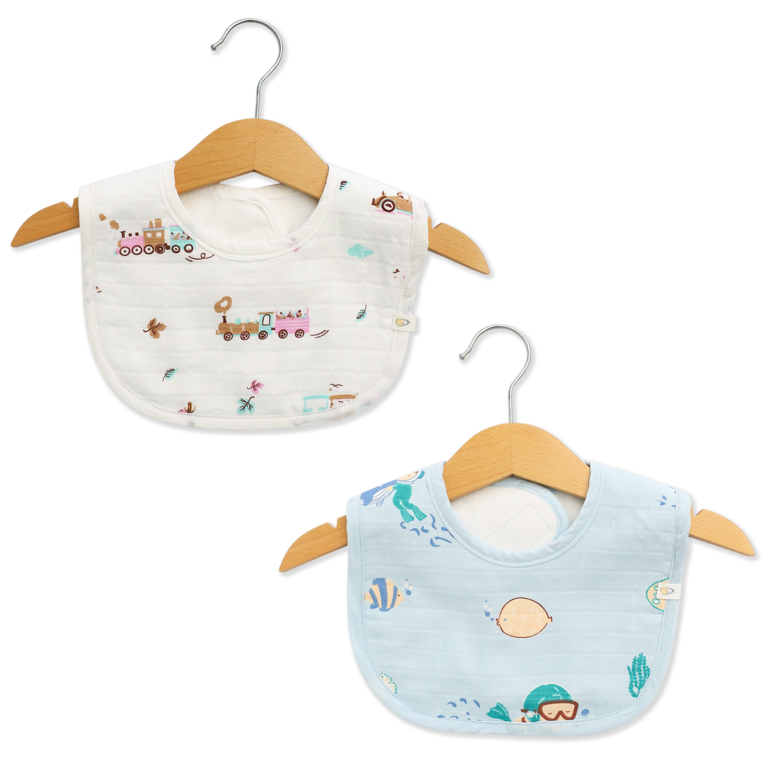 Reversible Muslin and Terry Bib Pack of 2 - Mini Scuba Squad & Tiny Wheels & Wonders