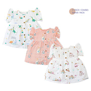 Frill Sleeve Muslin Cotton Girls Frock Pack of 3 (0 months to 5 years) - Happy Days Combo