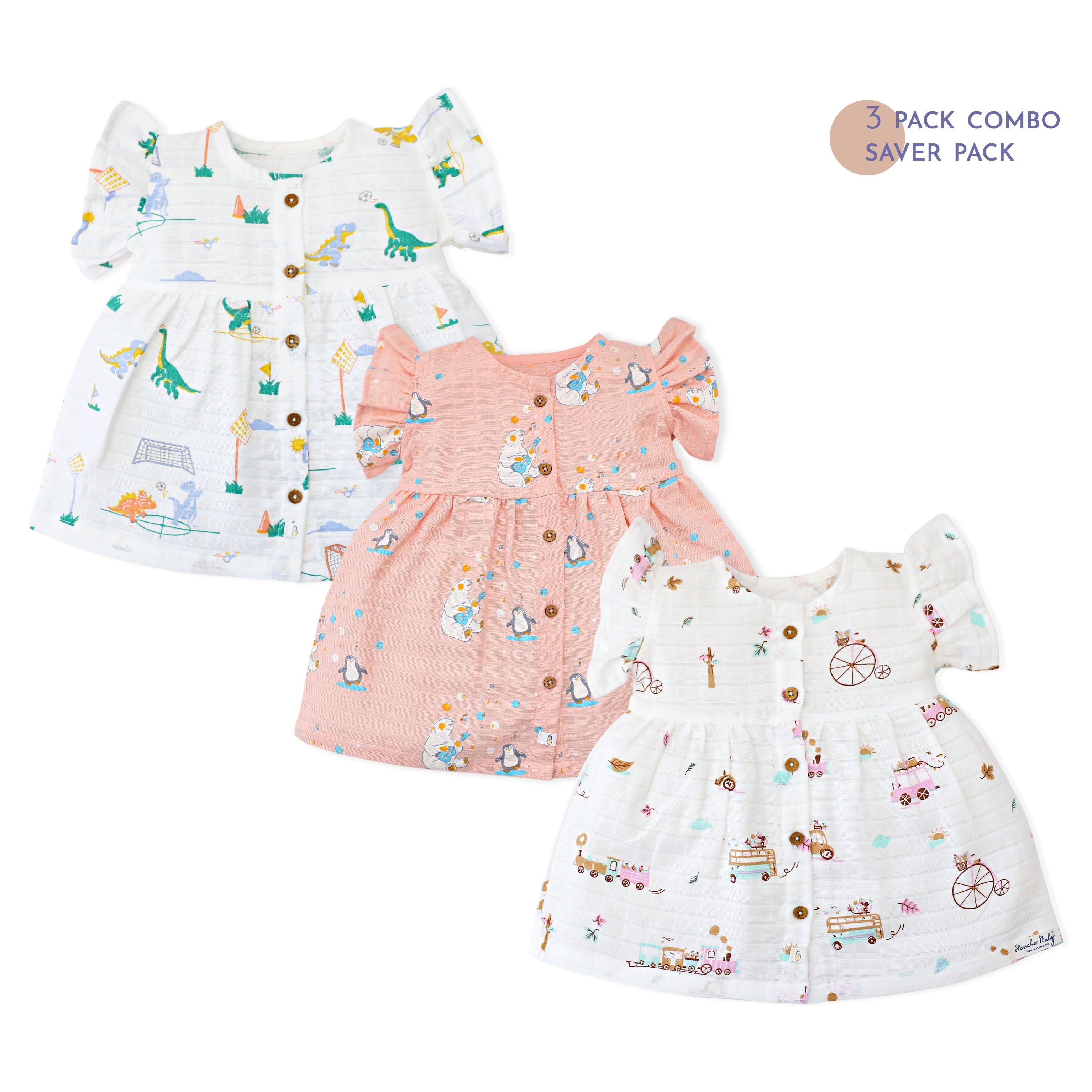 Frill Sleeve Muslin Cotton Girls Frock Pack of 3 (0 months to 5 years) - Happy Days Combo