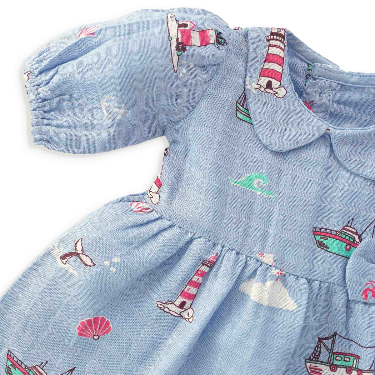 Lighthouse Magic - Half Sleeve Puff Muslin Cotton Frock with Bow (0m to 5 years)