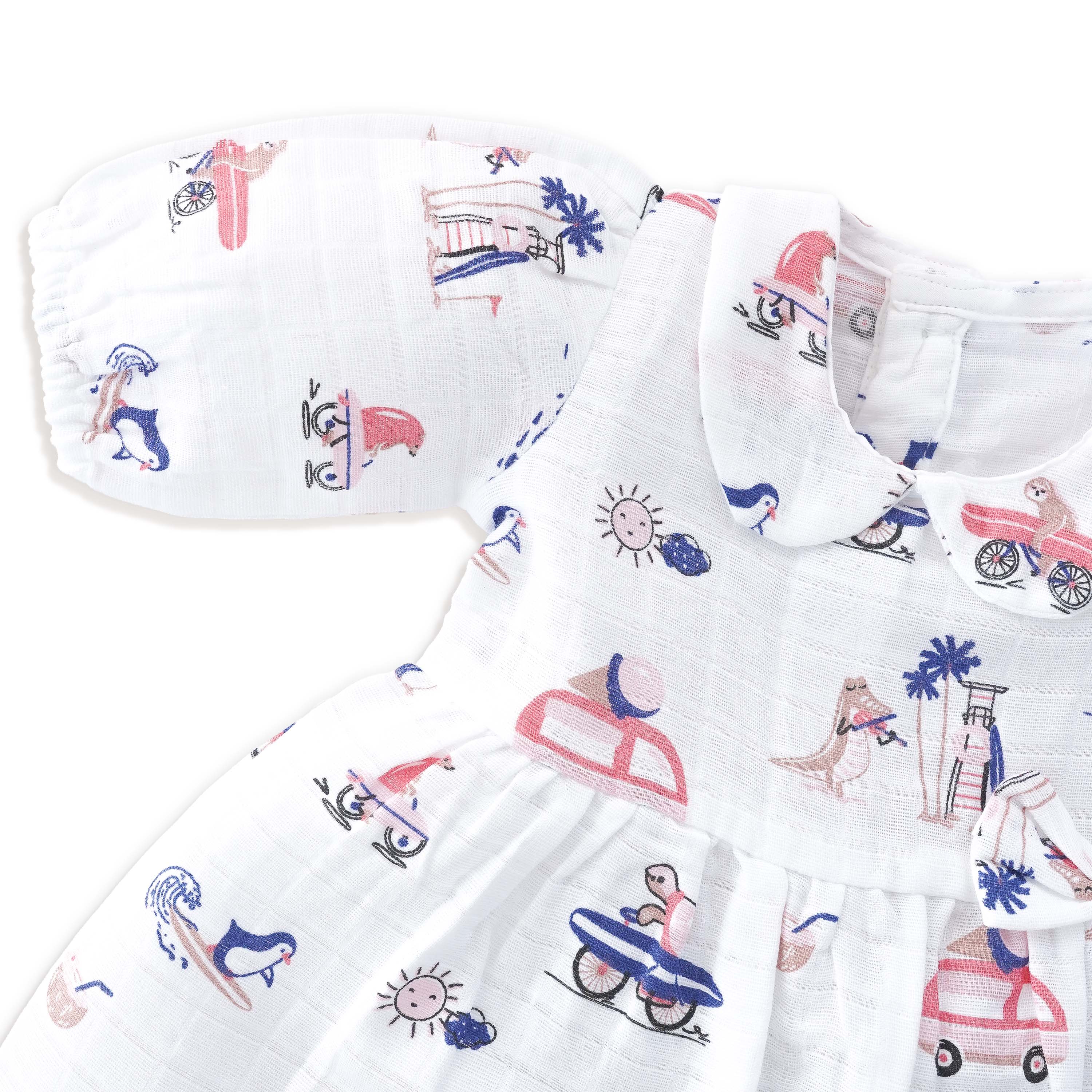 Tiny Surf Club - Half Sleeve Puff Muslin Cotton Frock with Bow (0m to 5 years)
